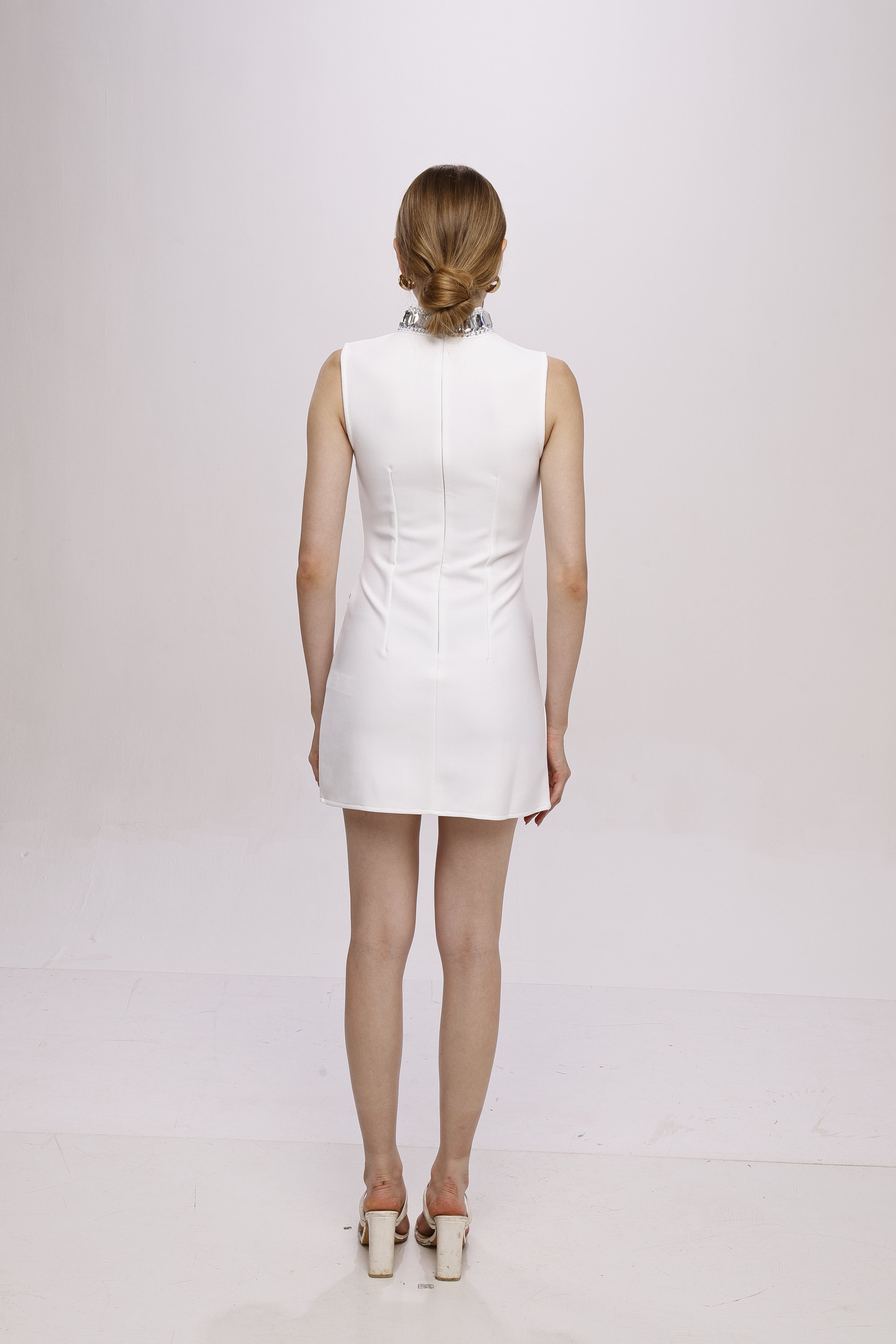Mock neck Rhinestone sleeve less mini dress White
