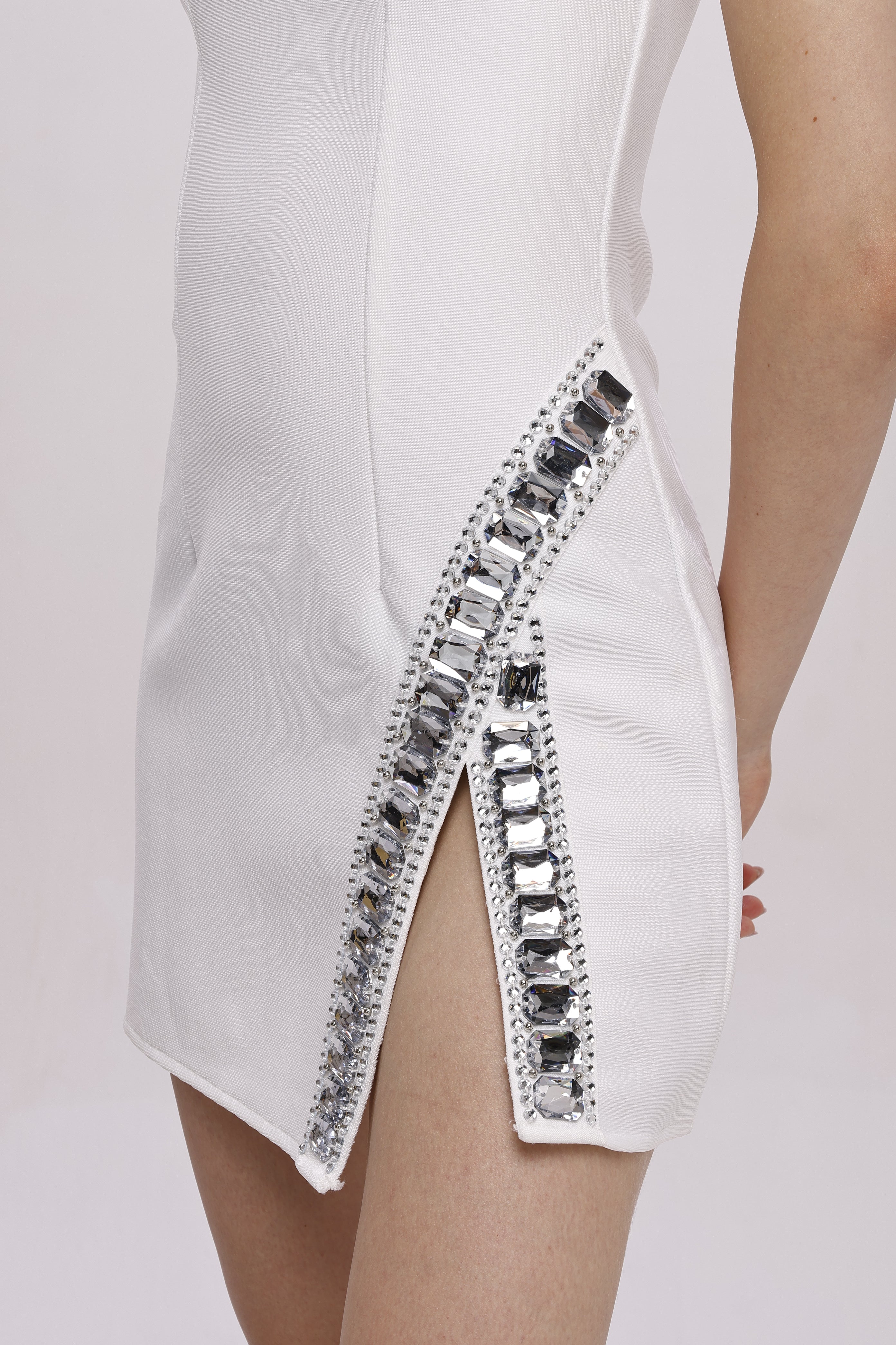 Mock neck Rhinestone sleeve less mini dress White