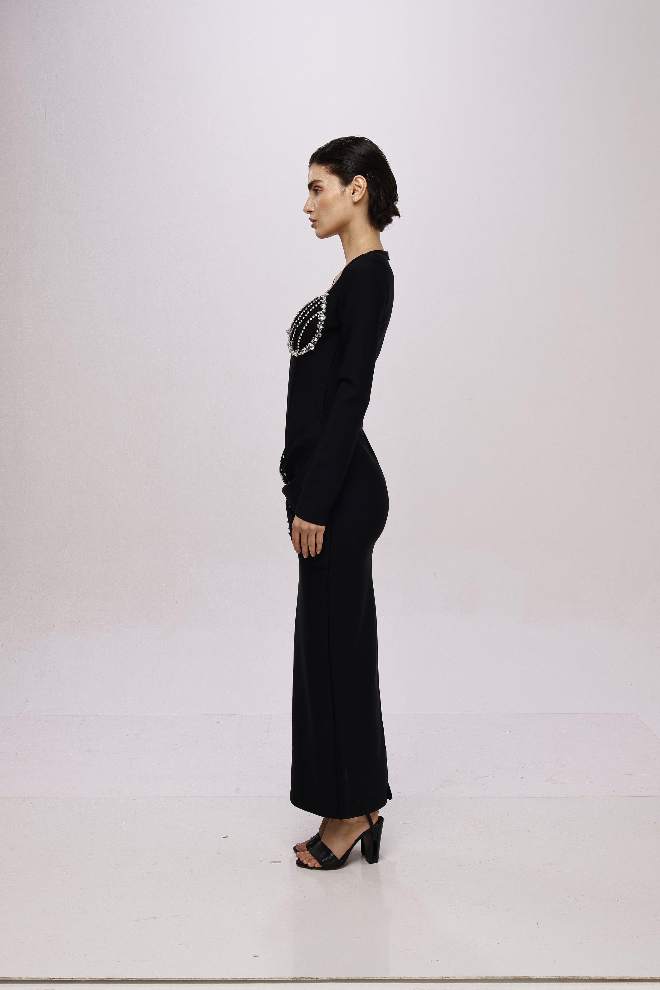 Black solid long square neckFull sleeve bandage rhinestone dress