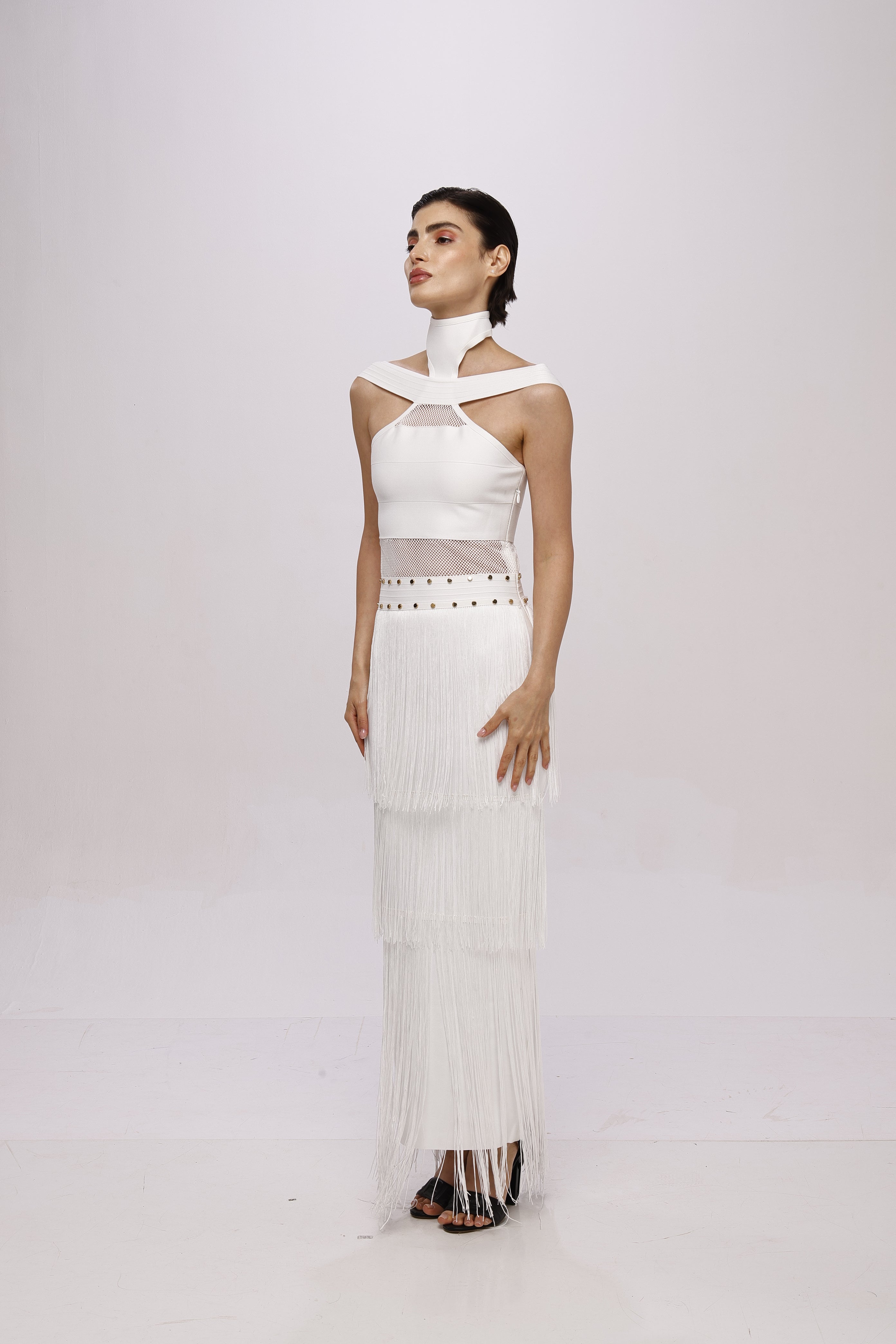 White solid long high neck off shoulder sleeveless bandage frill lace dress