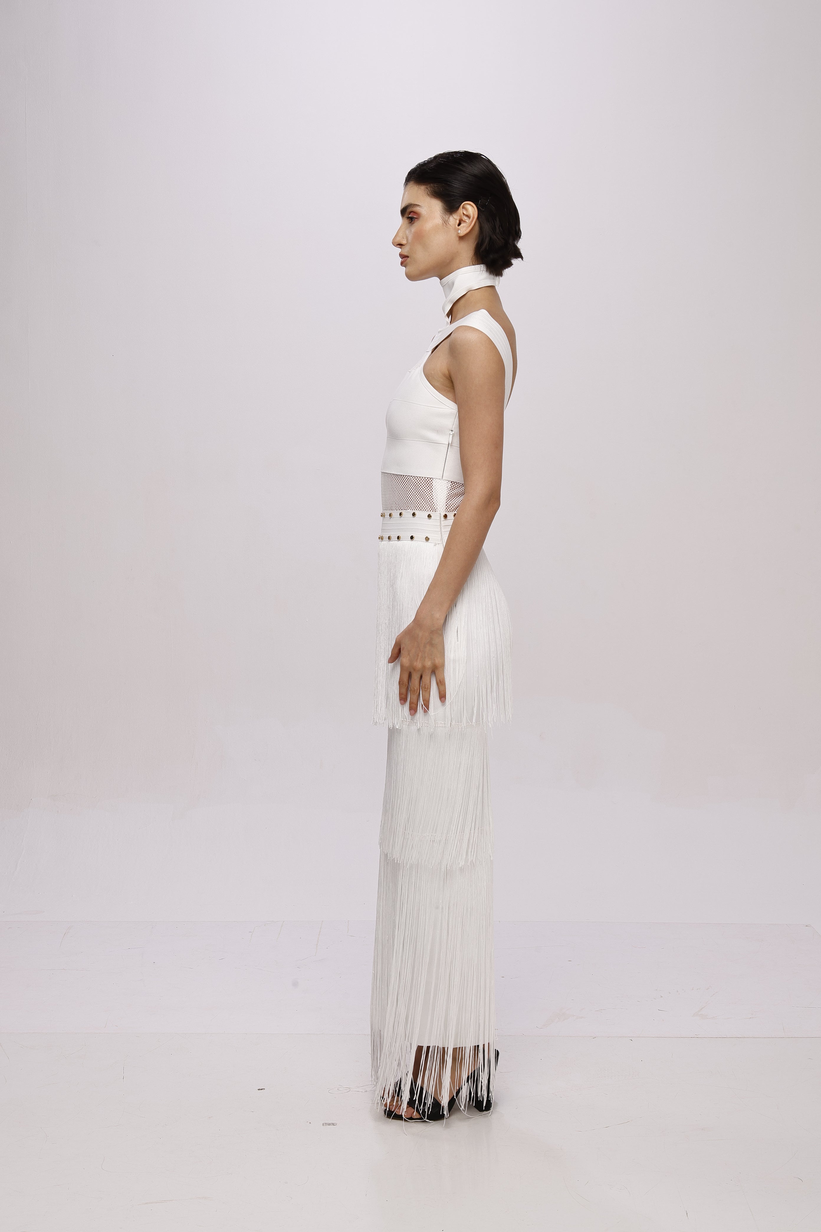 White solid long high neck off shoulder sleeveless bandage frill lace dress