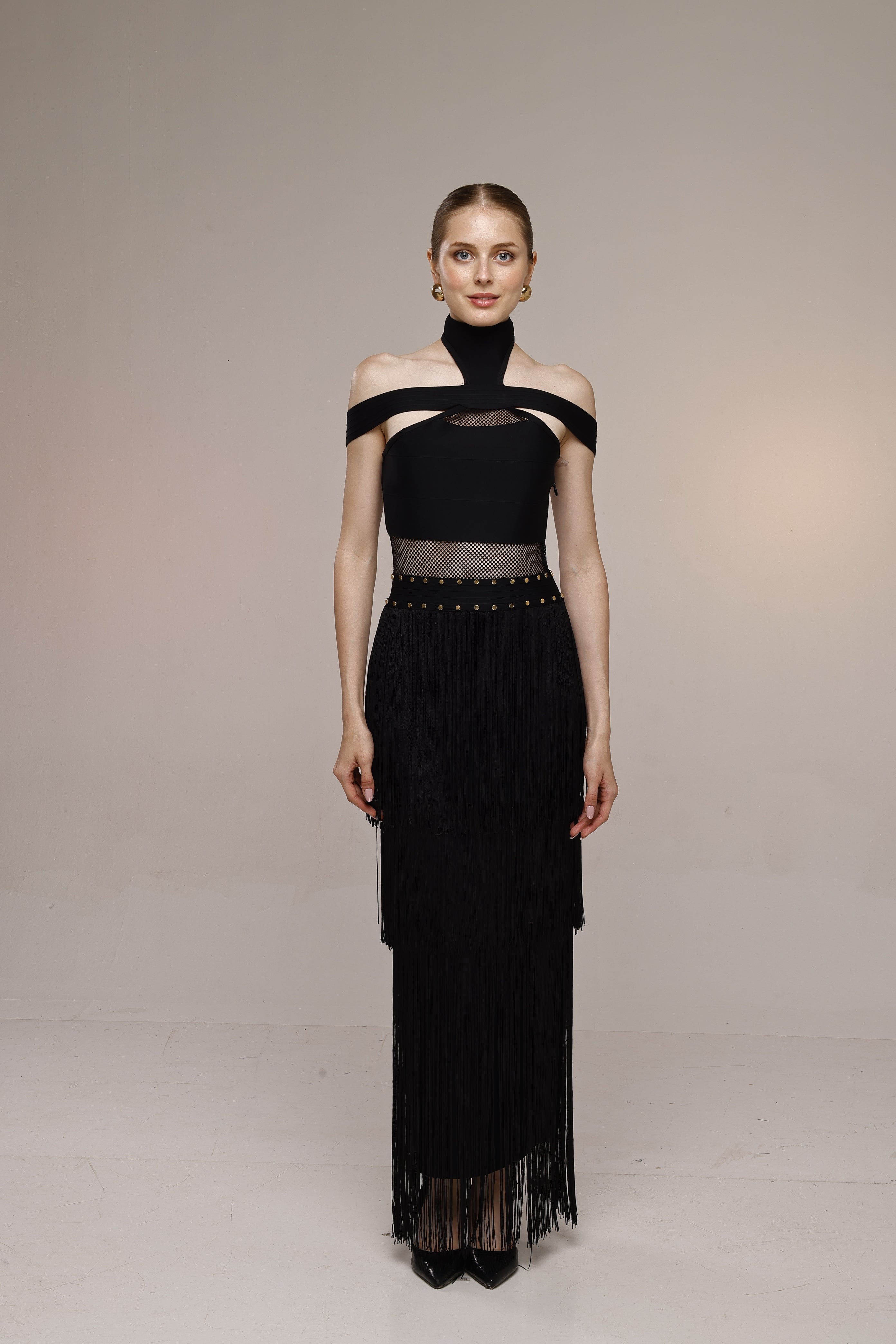 Black solid long high neck off shoulder sleeveless bandage frill lace dress