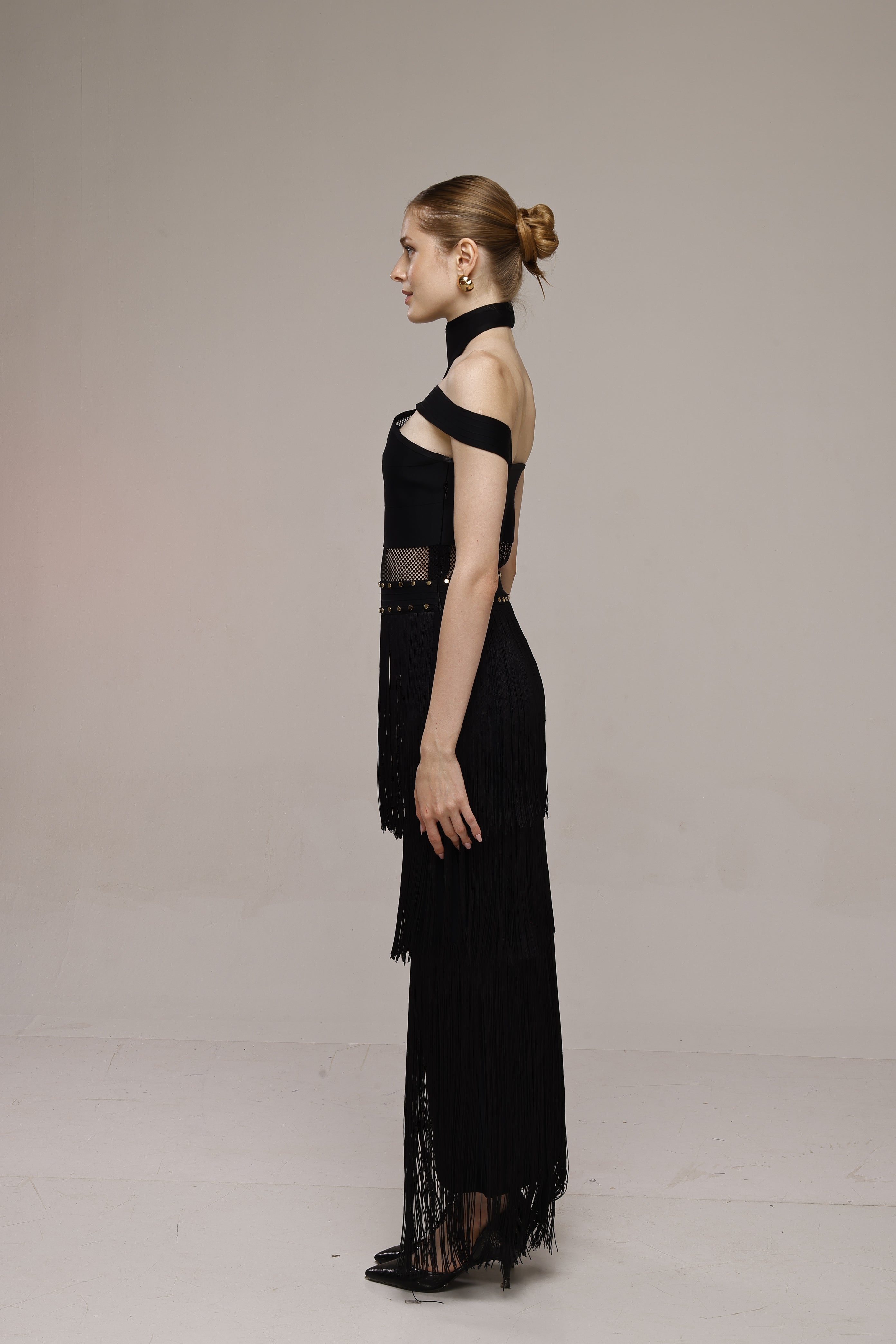 Black solid long high neck off shoulder sleeveless bandage frill lace dress