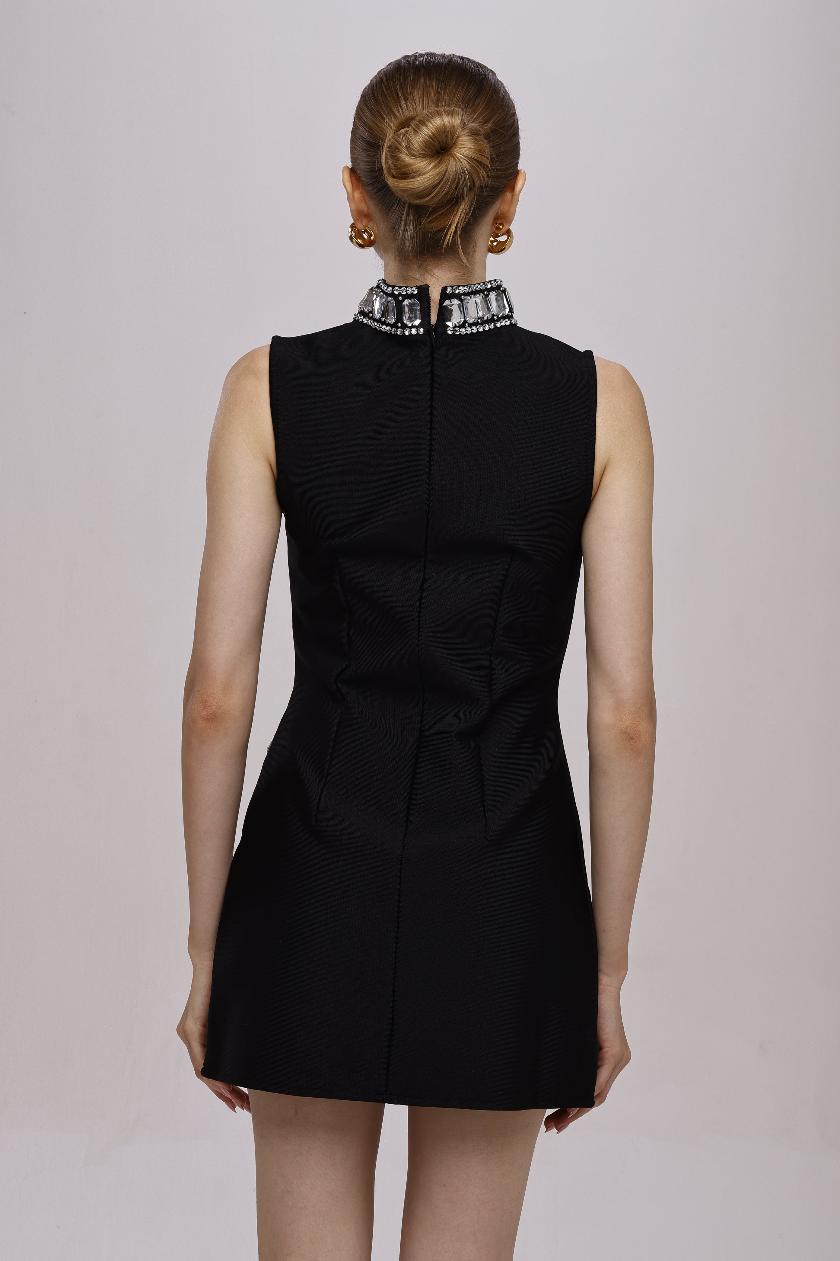 Mock neck Rhinestone sleeve less mini dress Black