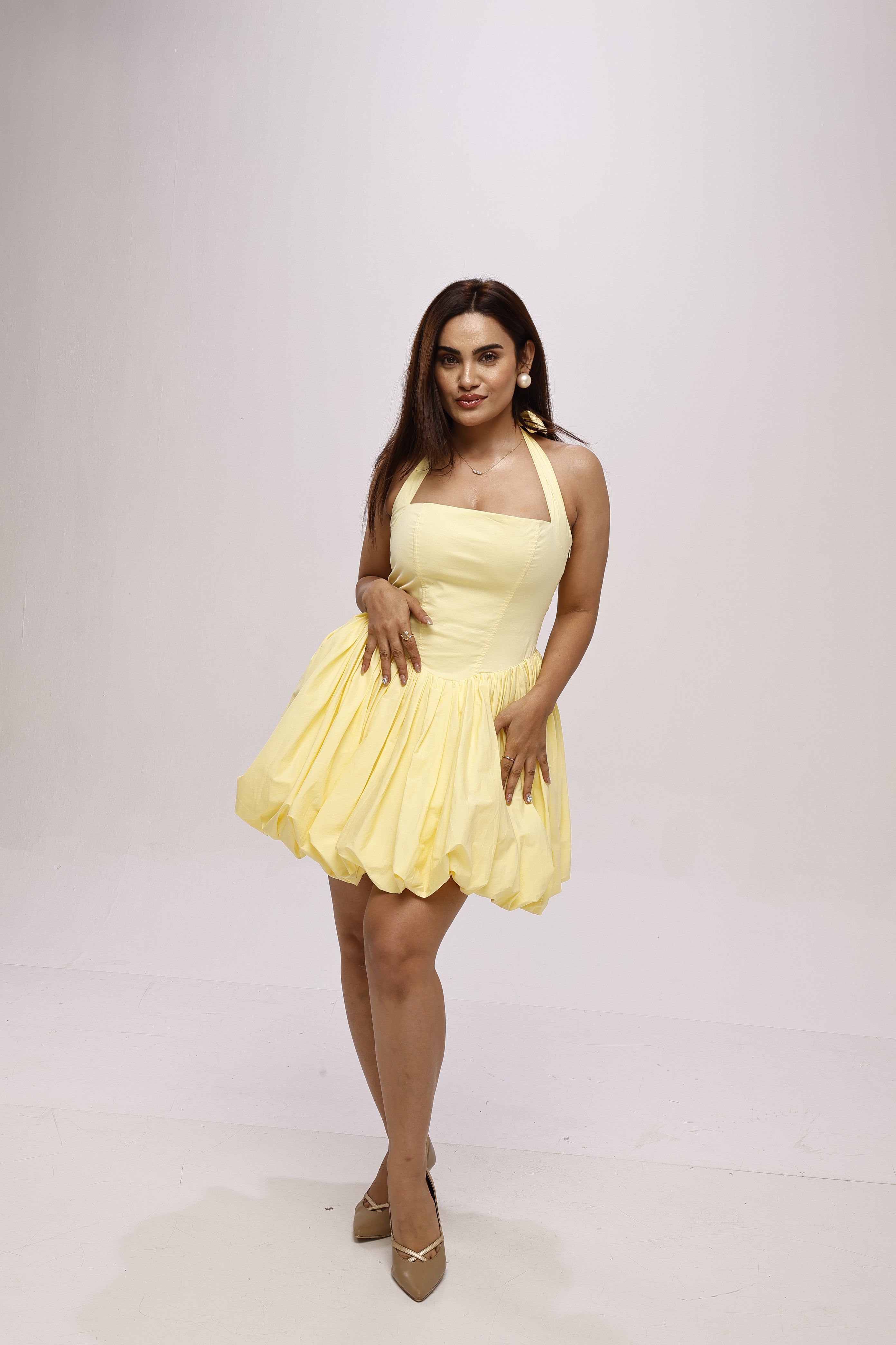Yellow solid halter neck backless short cotton balloon dress