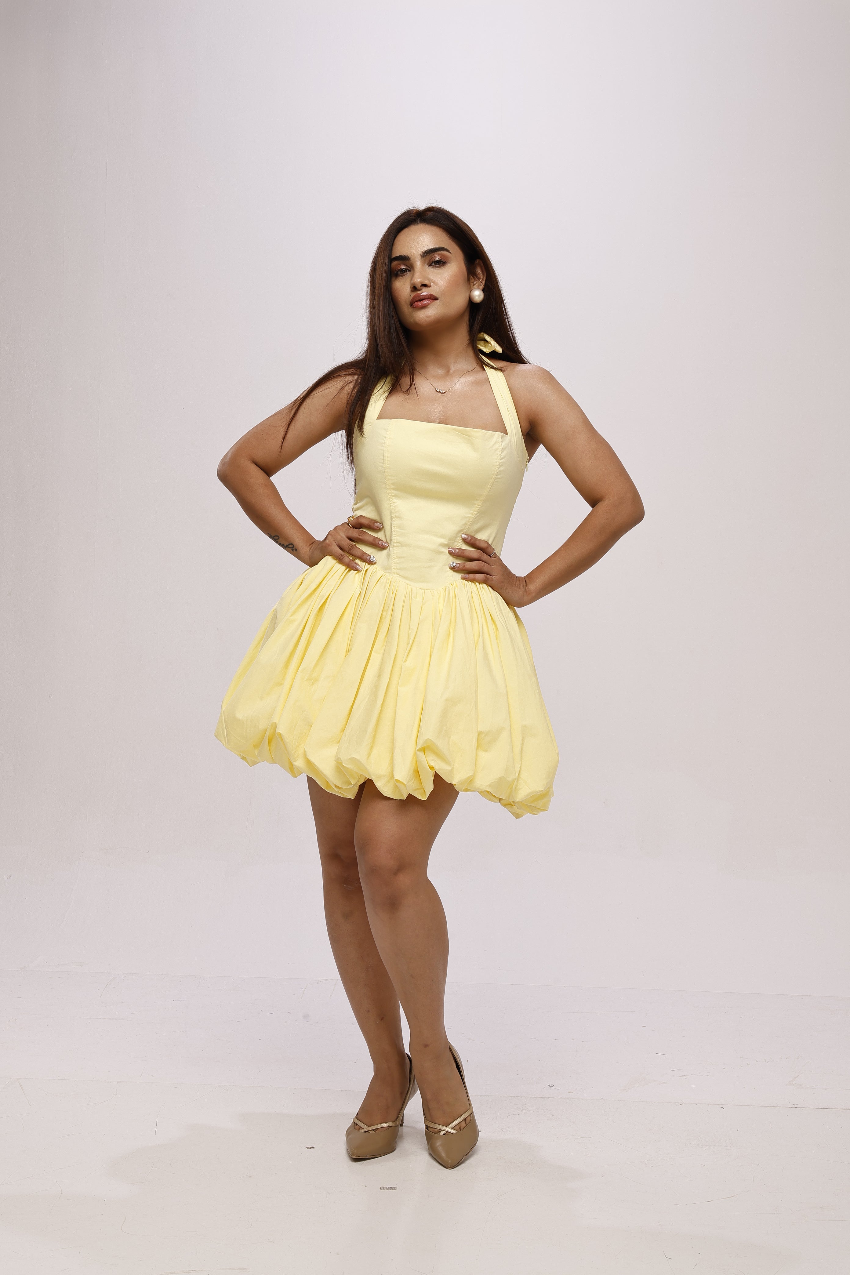 Yellow solid halter neck backless short cotton balloon dress