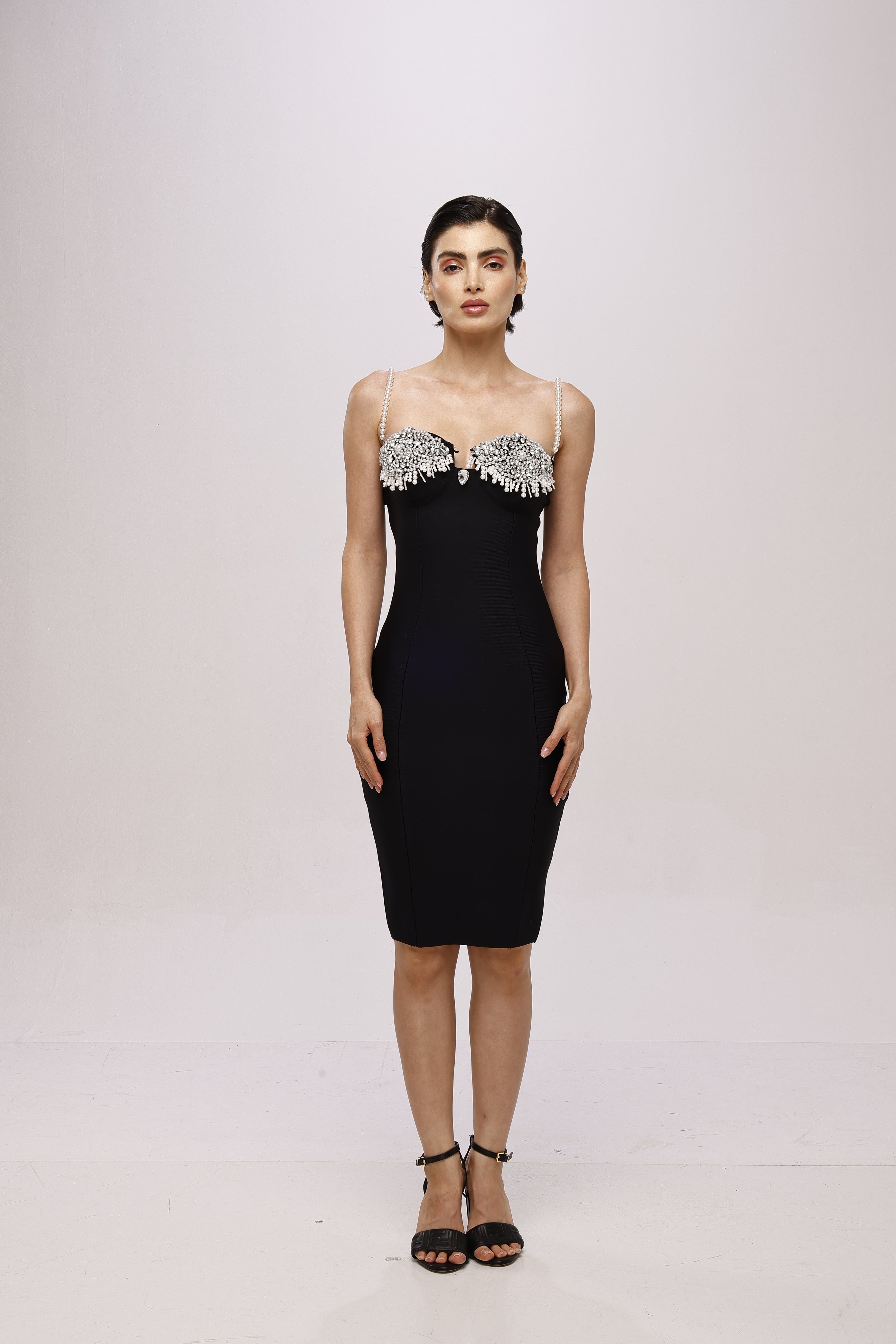 Mock neck Rhinestone off shoulder mini dress Black