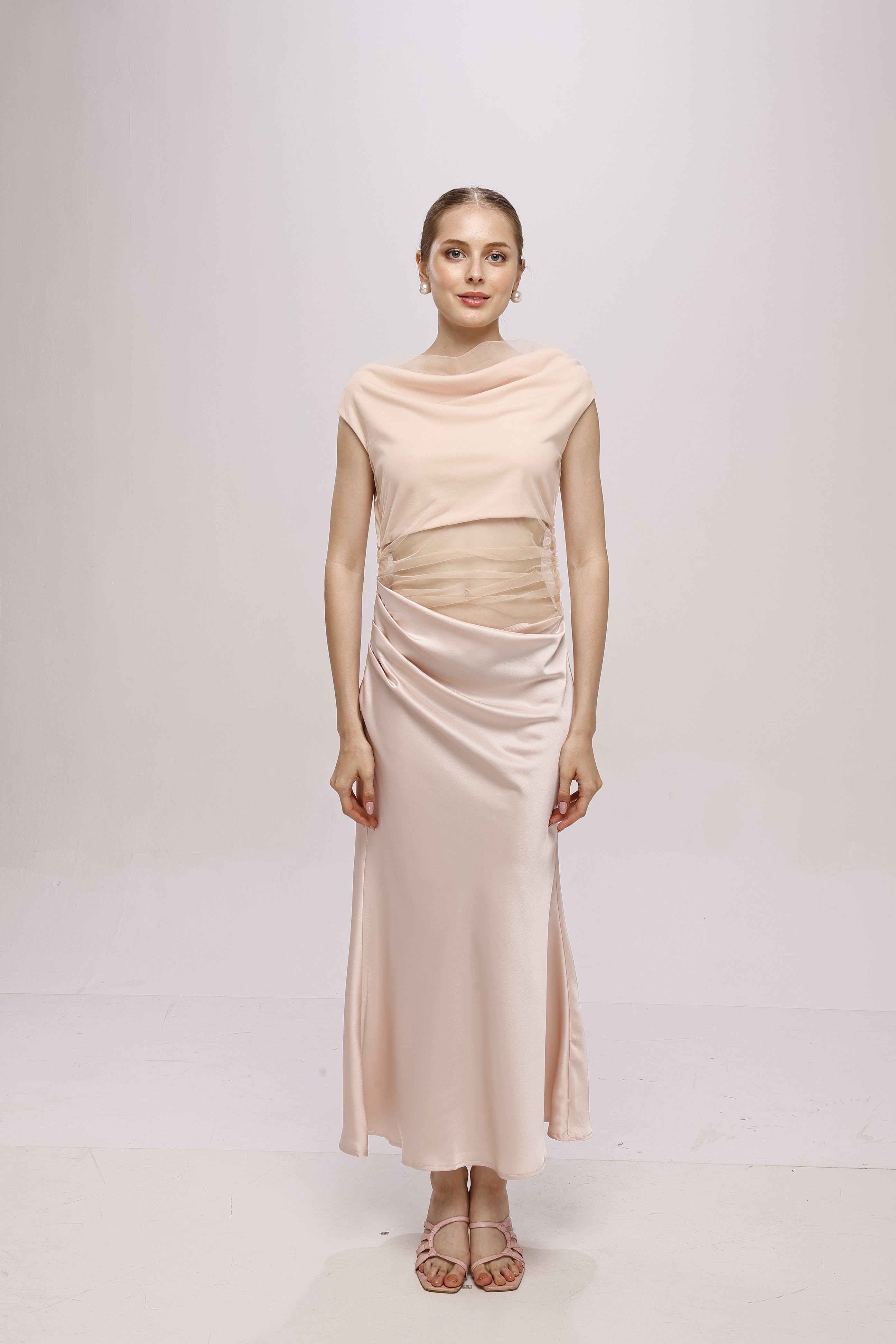 Solid Mesh one shoulder midi dress Pink
