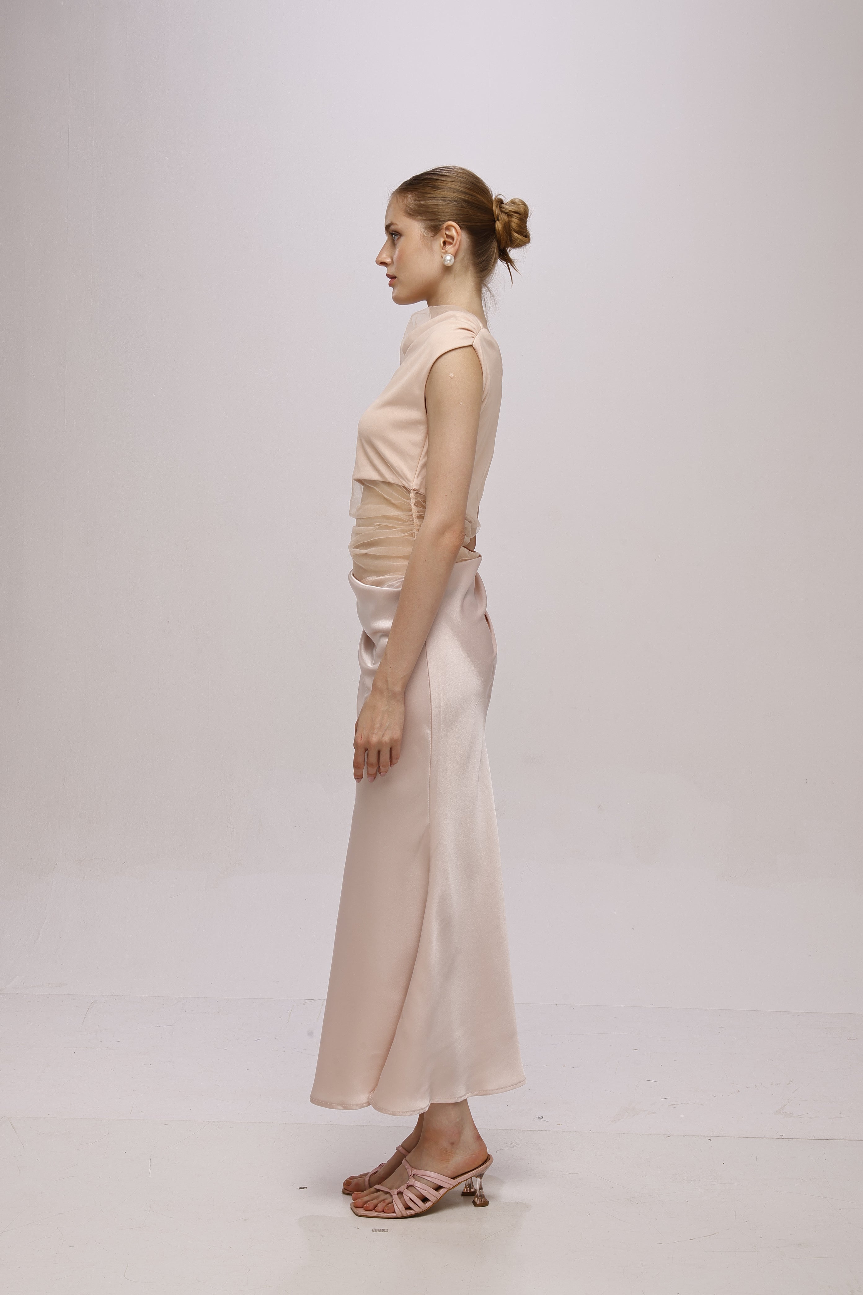 Solid Mesh one shoulder midi dress Pink