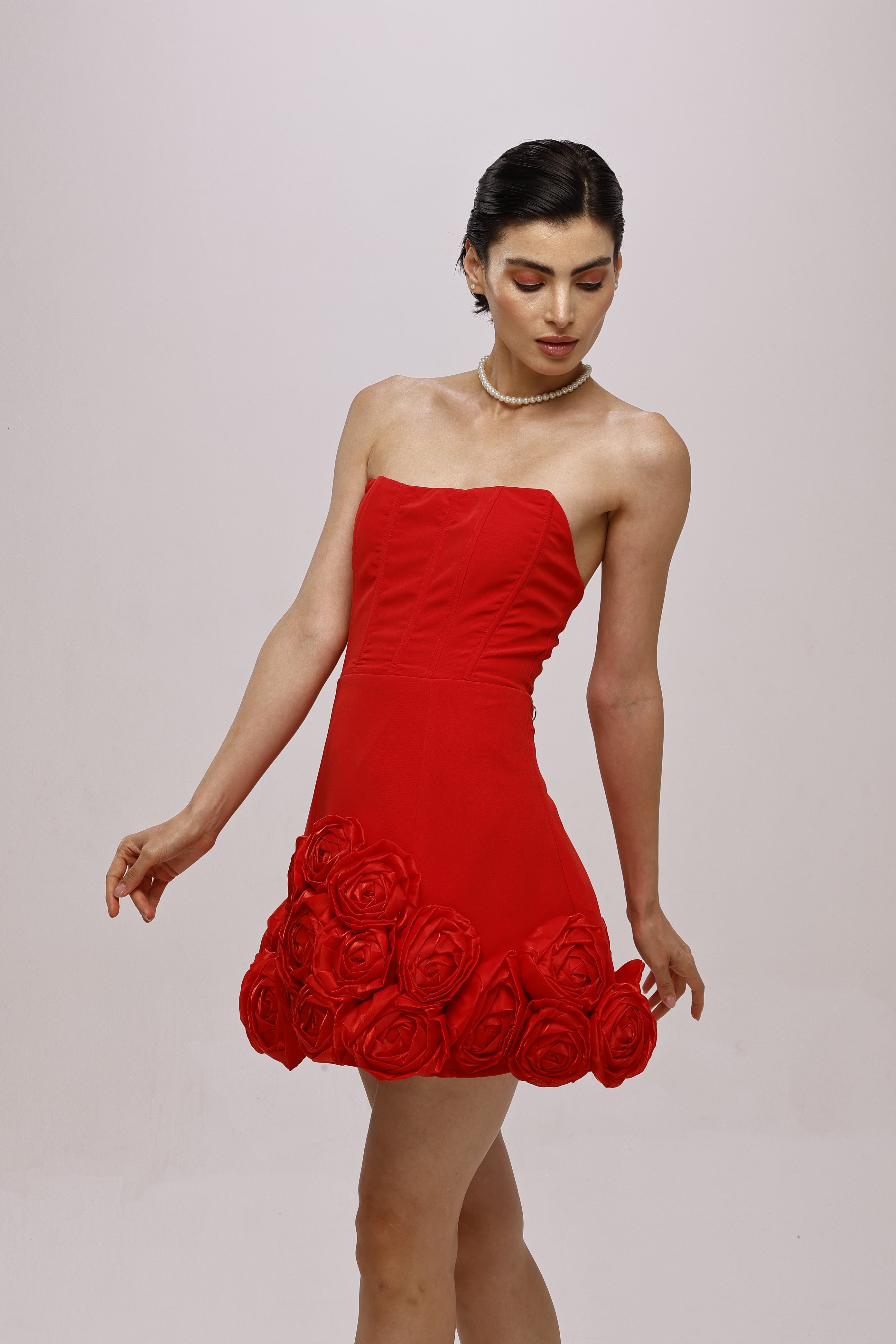 solid off shoulder flower baloon short dress Red