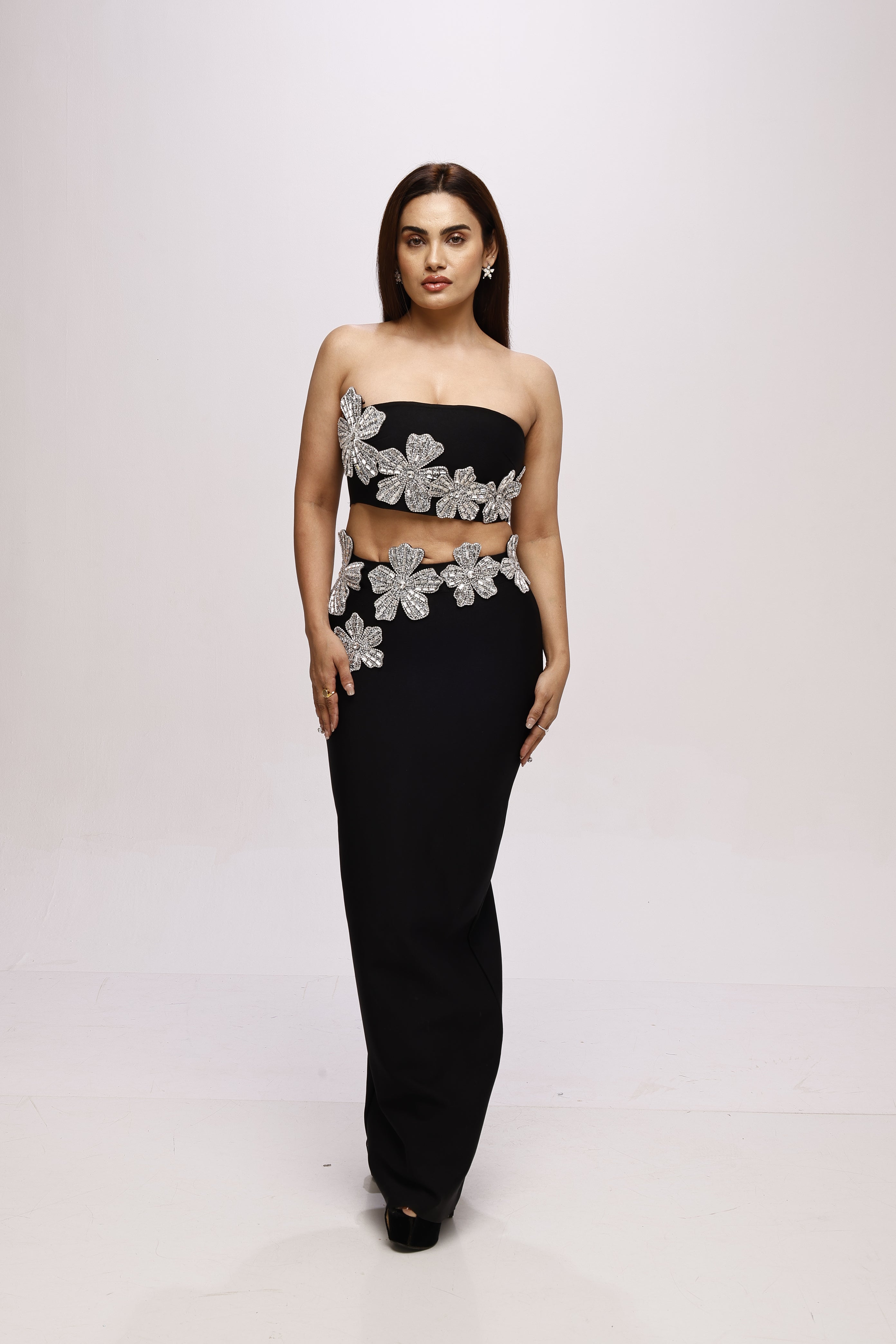 Black solid tube top and skirt  bandage rhinestone co-ord set