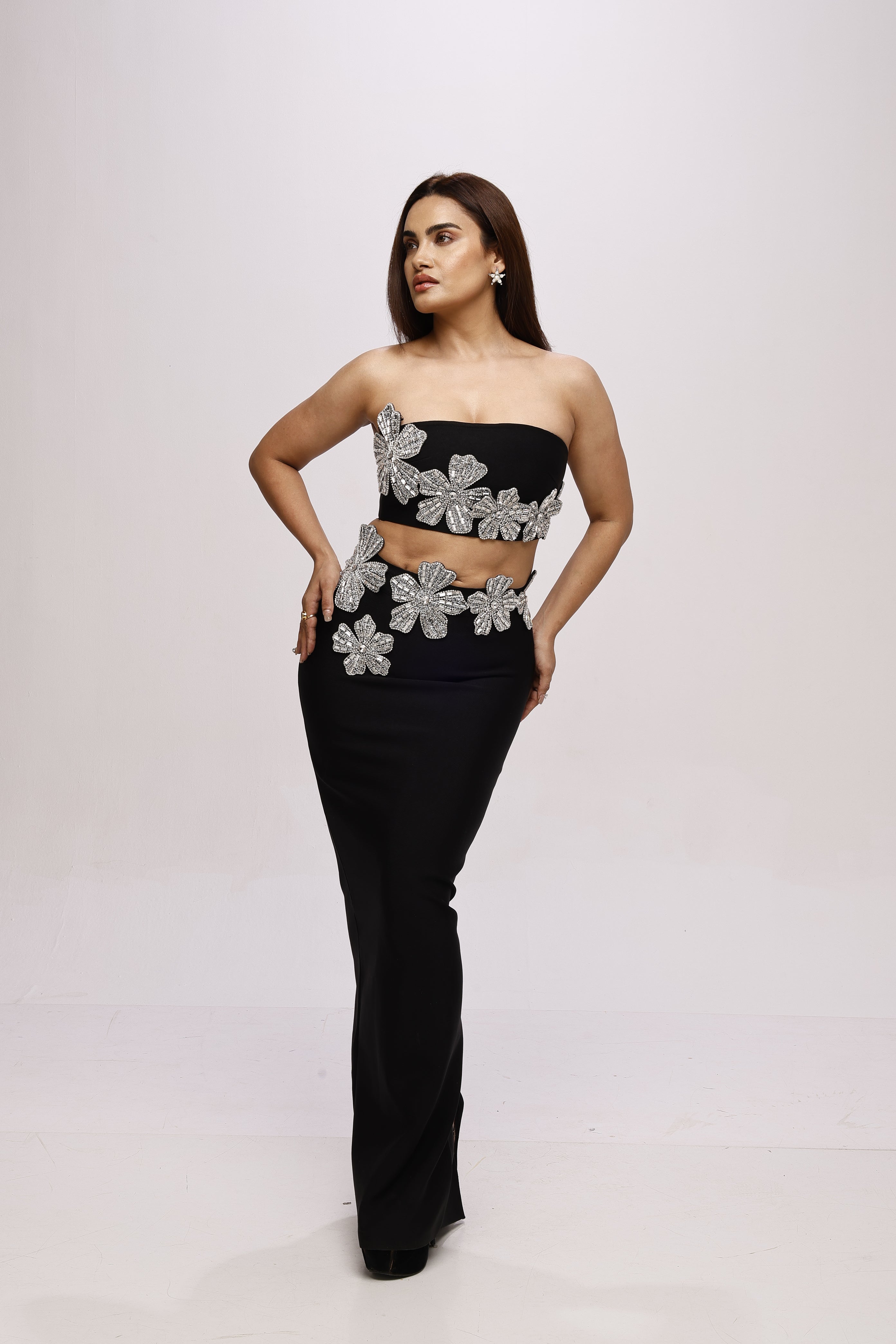 Black solid tube top and skirt  bandage rhinestone co-ord set