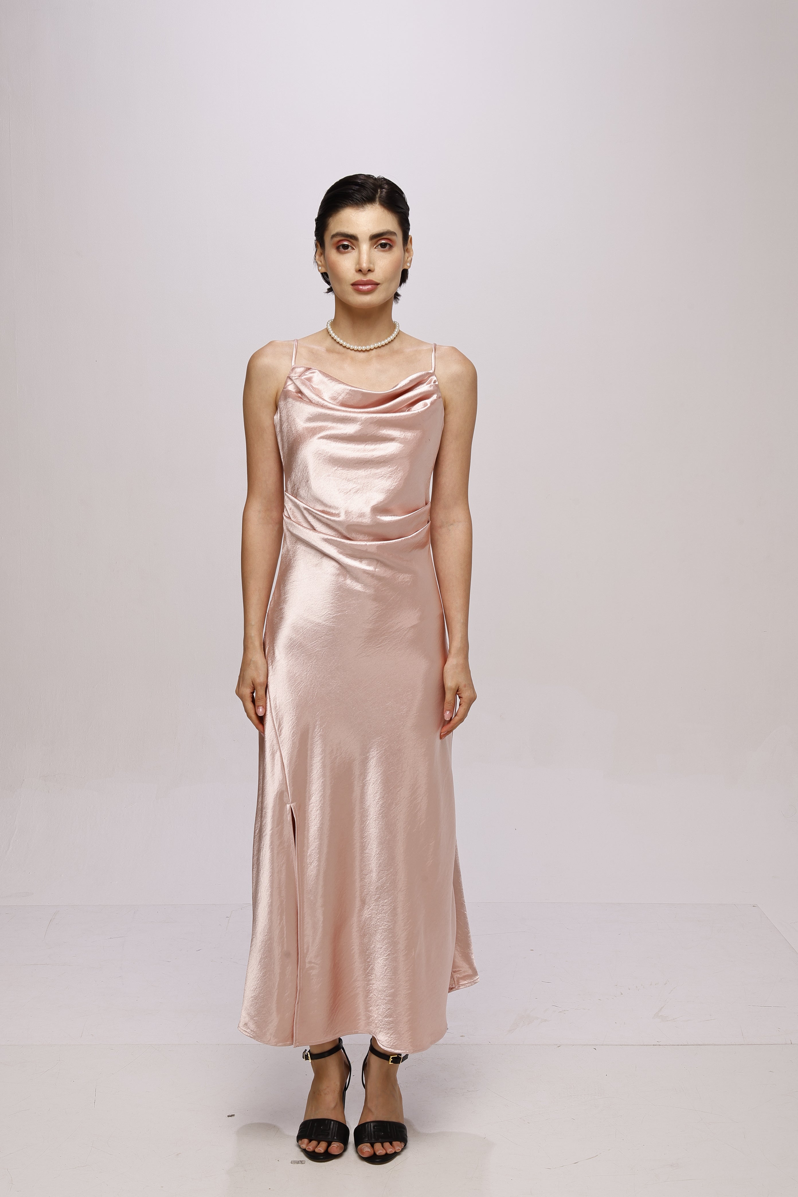 Solid Spaghetti Straps satin midi dress Pink
