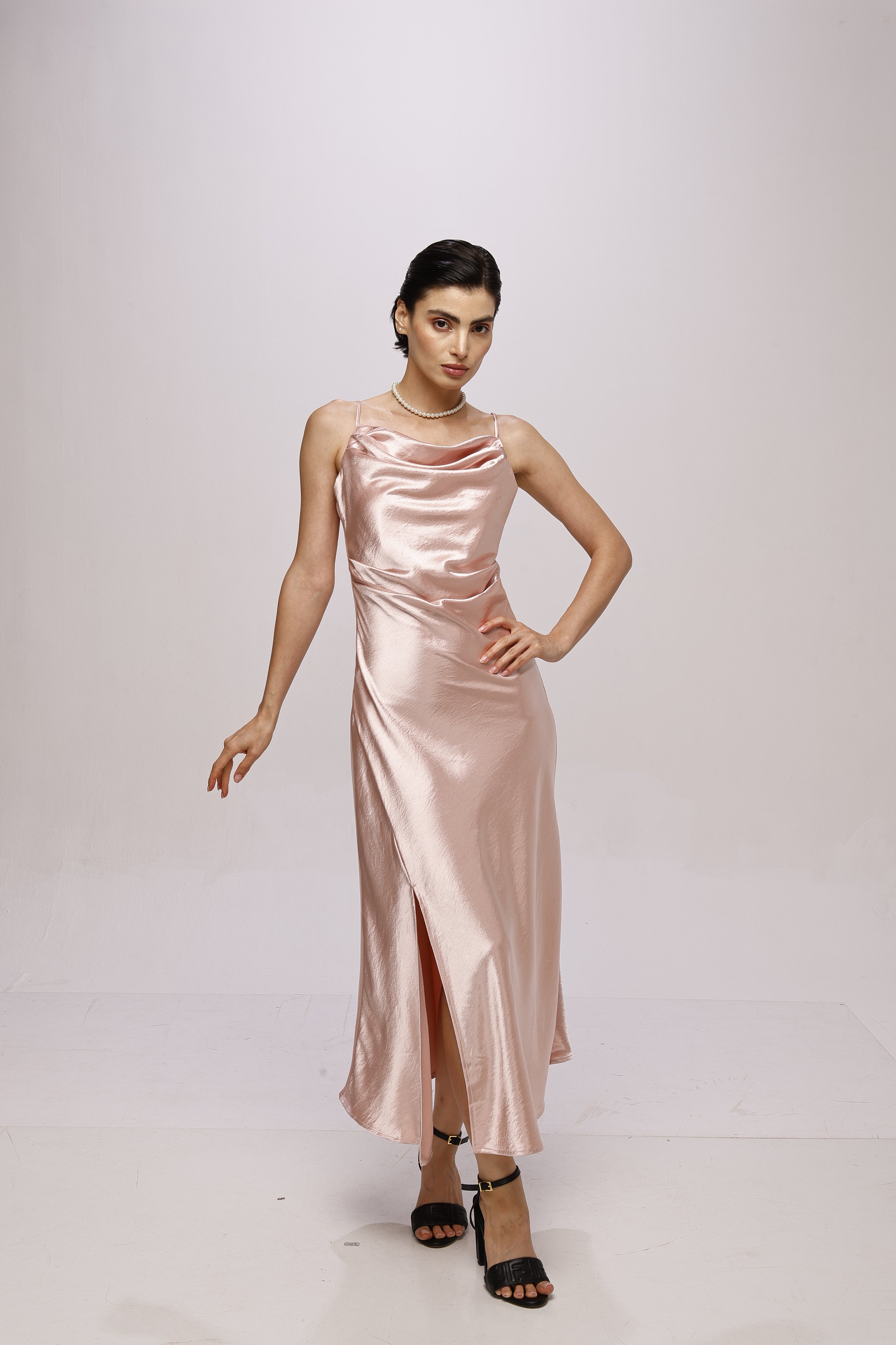 Solid Spaghetti Straps satin midi dress Pink