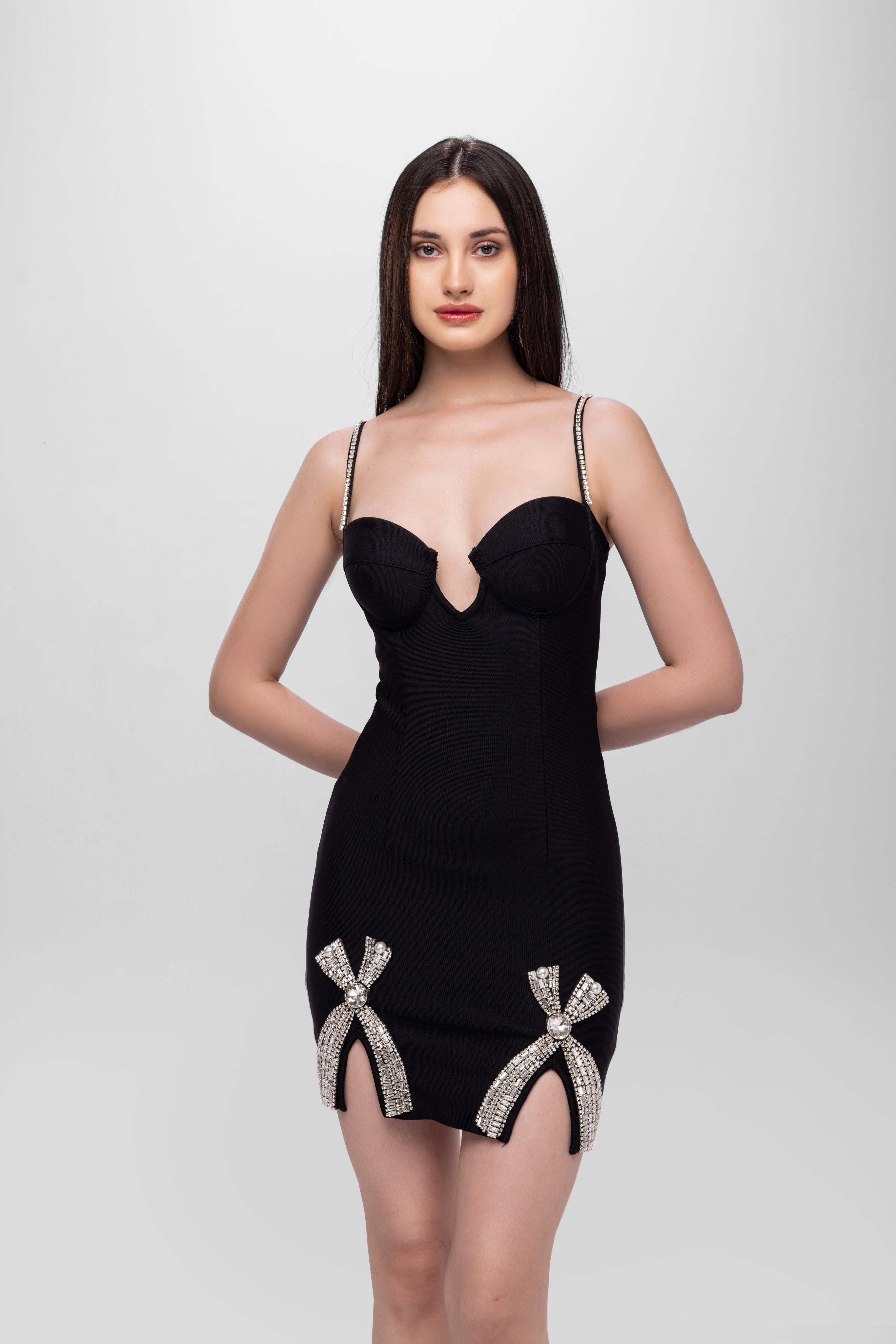 Solid Spaghetti Straps bandage mini dress Black