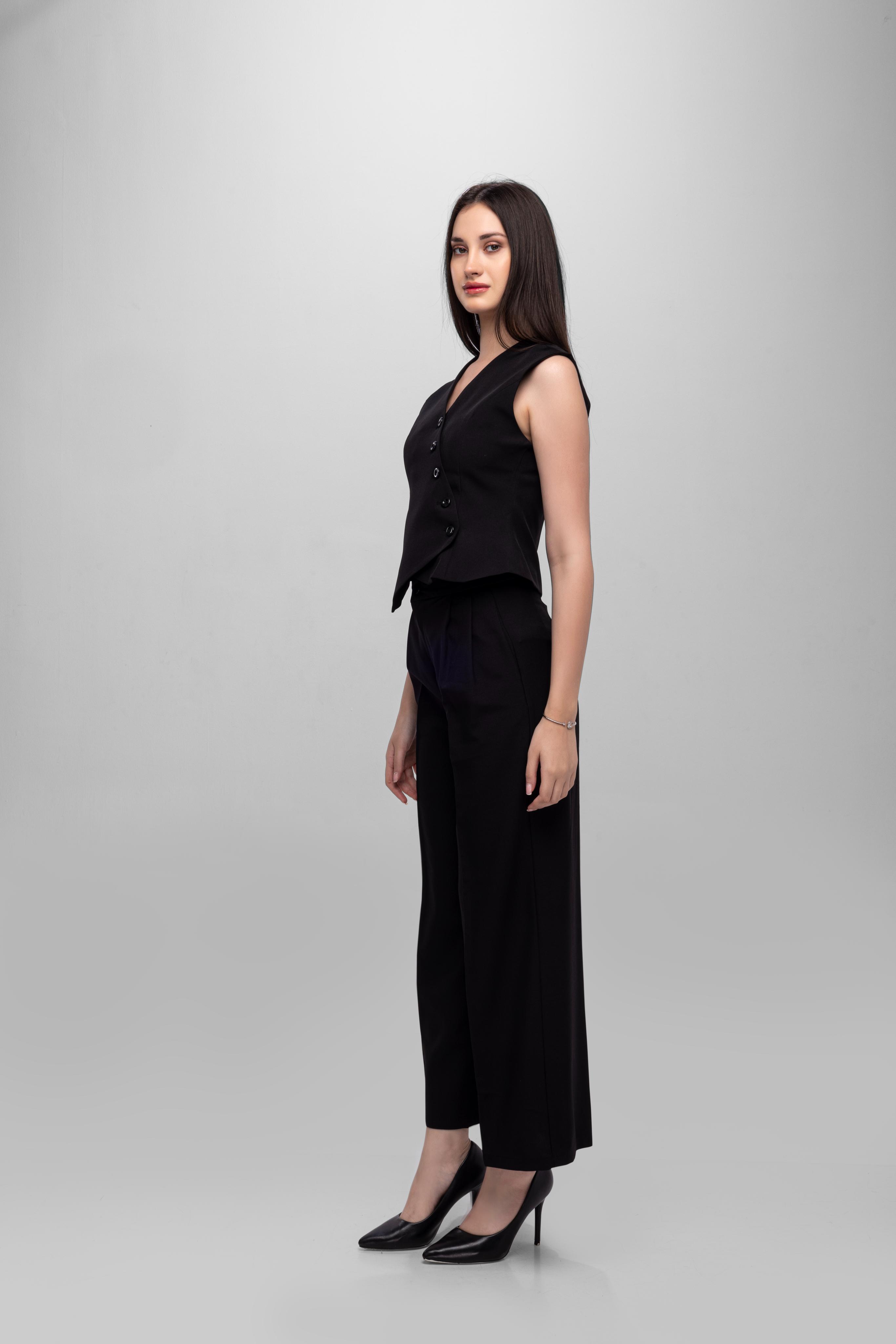 Solid sleeveless button closer Vest Pant Set Black