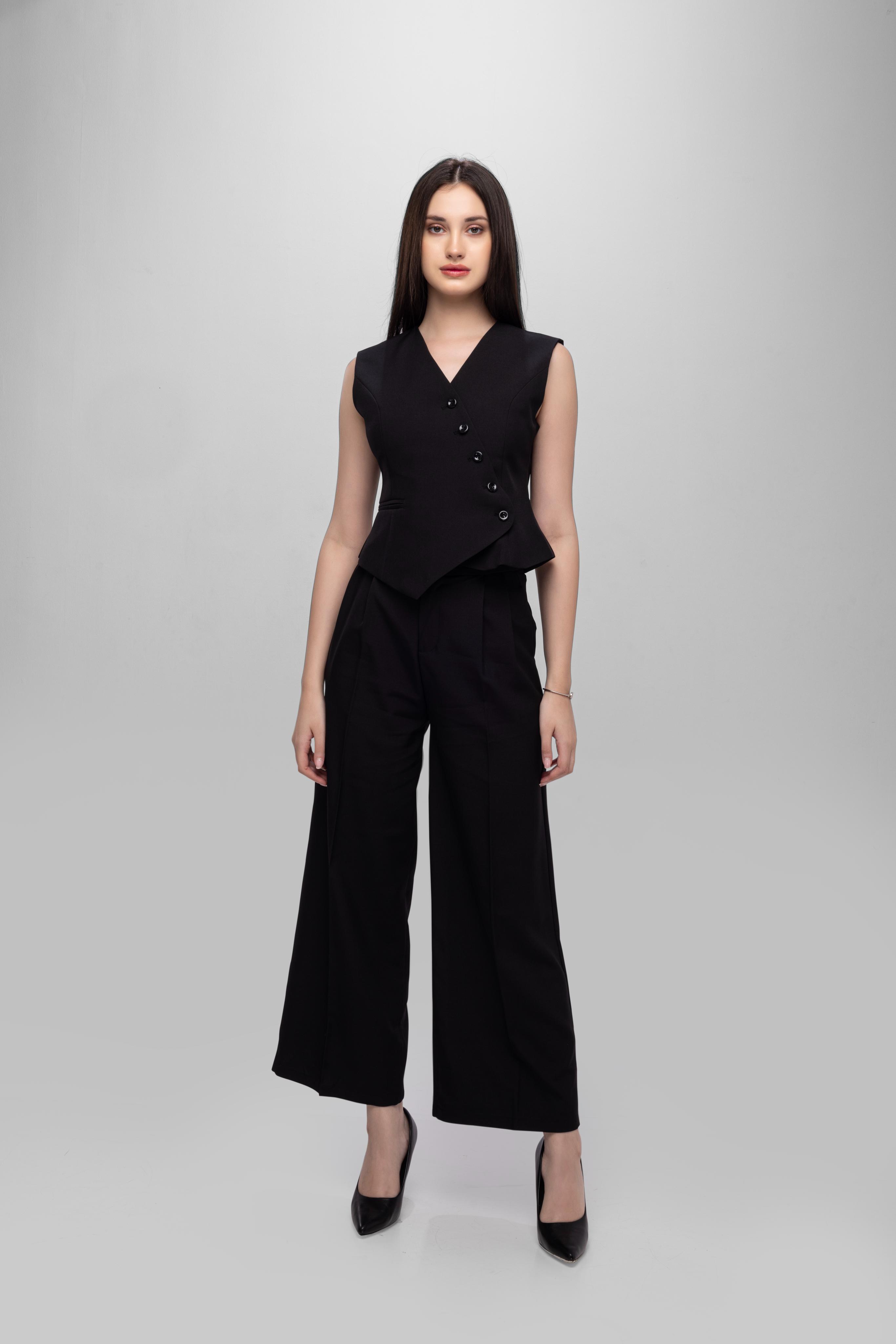 Solid sleeveless button closer Vest Pant Set Black