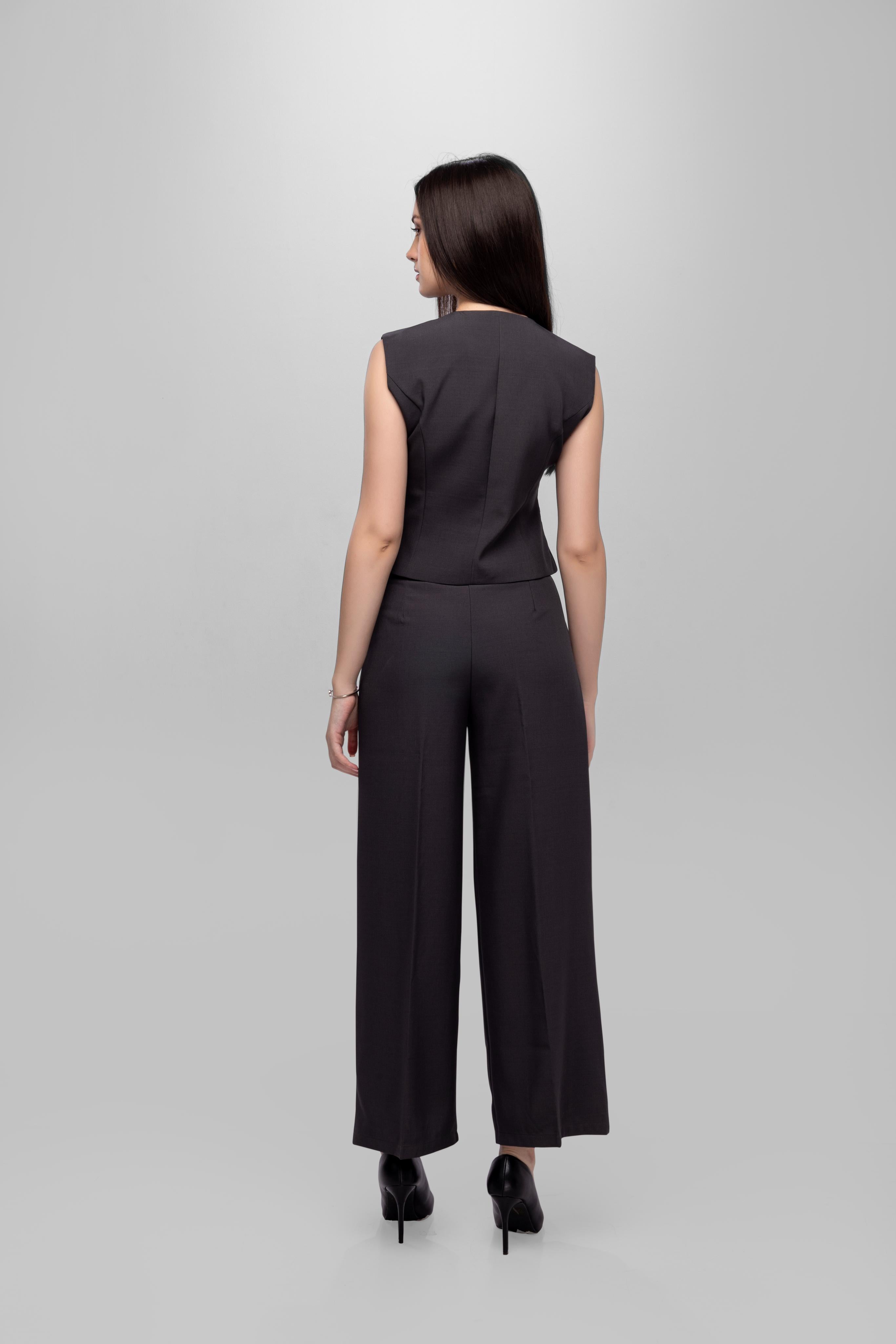 Solid sleeveless button closer Vest Pant Set Grey