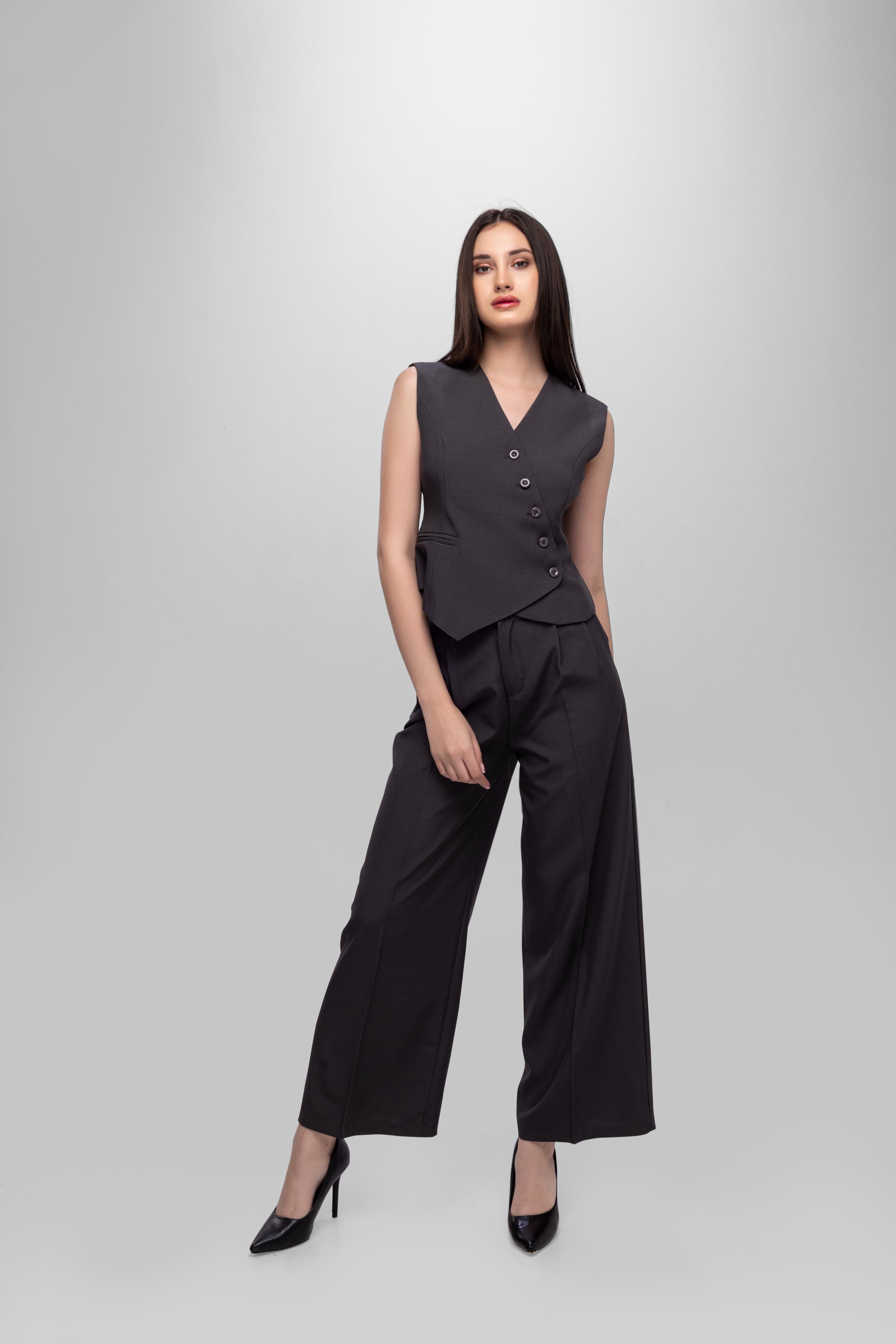 Solid sleeveless button closer Vest Pant Set Grey