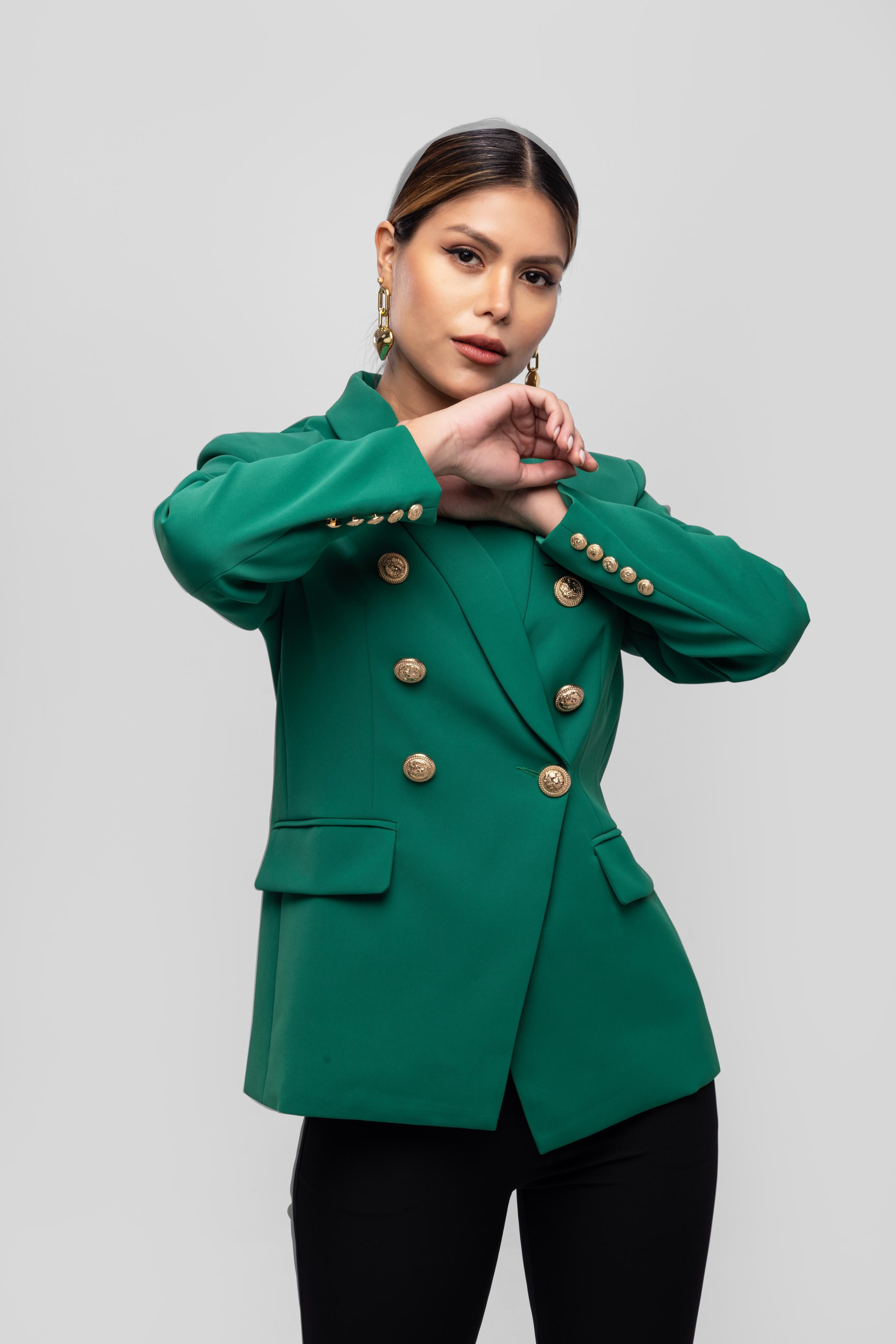 Solid fully lined lapel Collar long sleeve button closer blazer Green