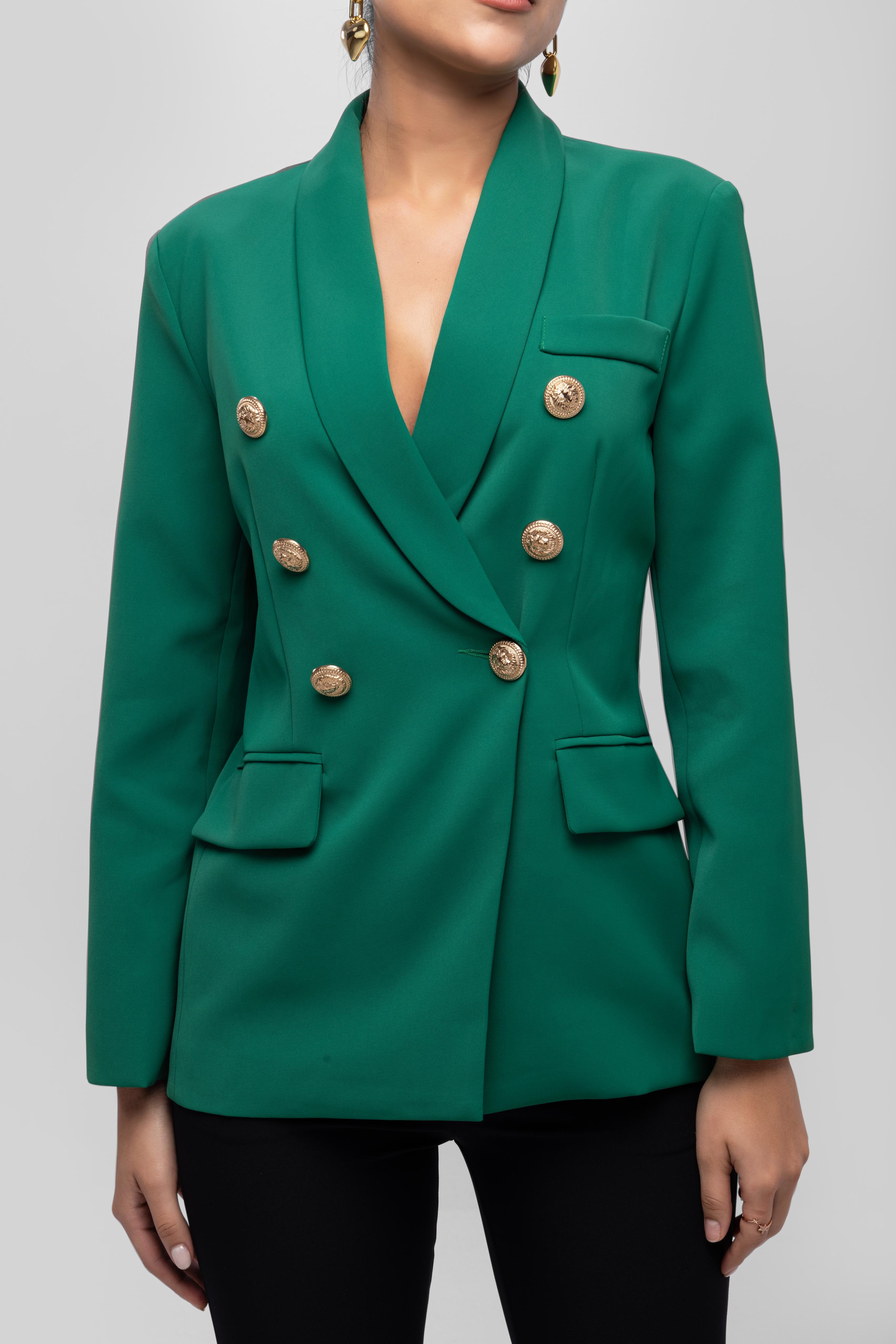 Solid fully lined lapel Collar long sleeve button closer blazer Green