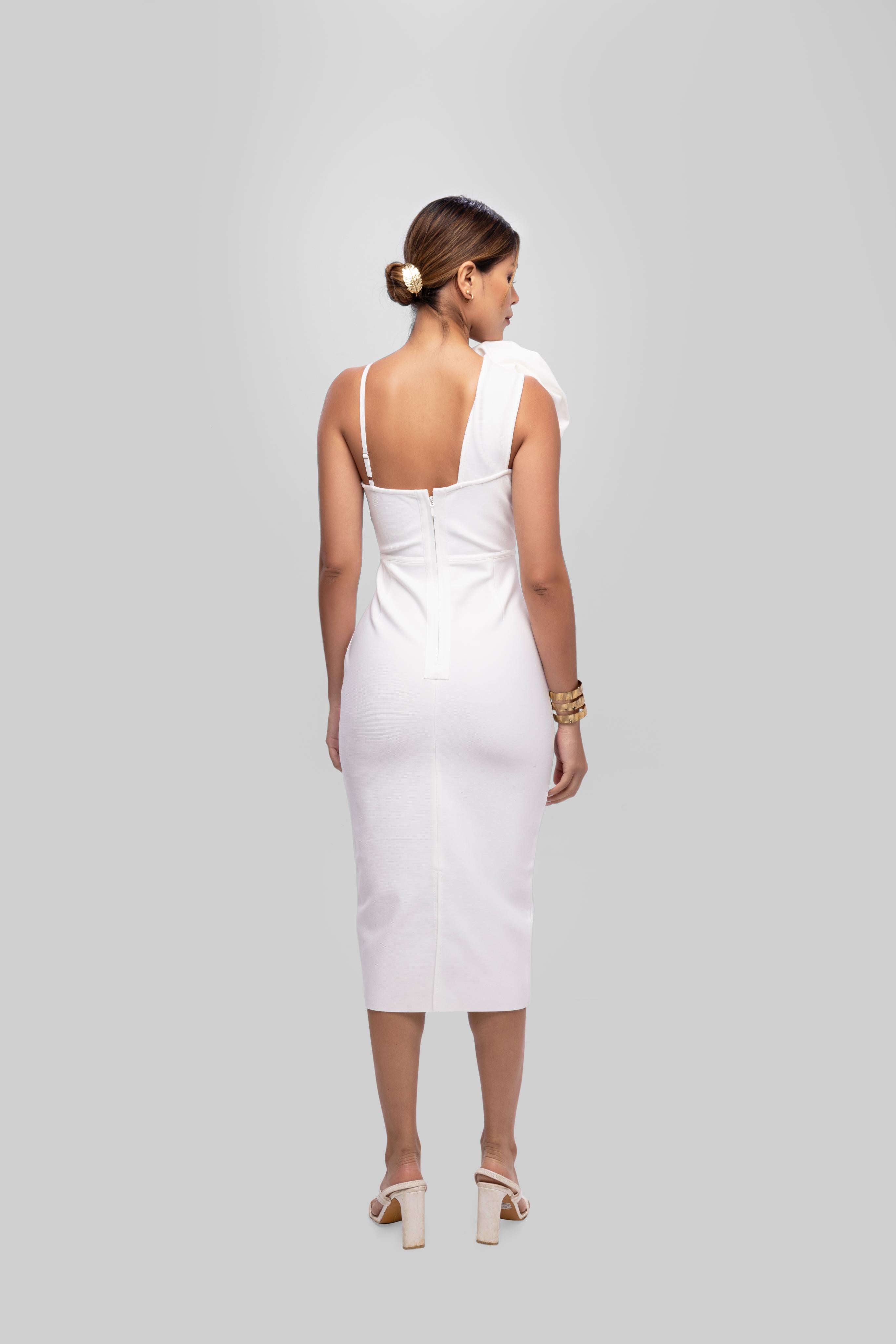 Solid Bandage flower one shoulder midi dress White