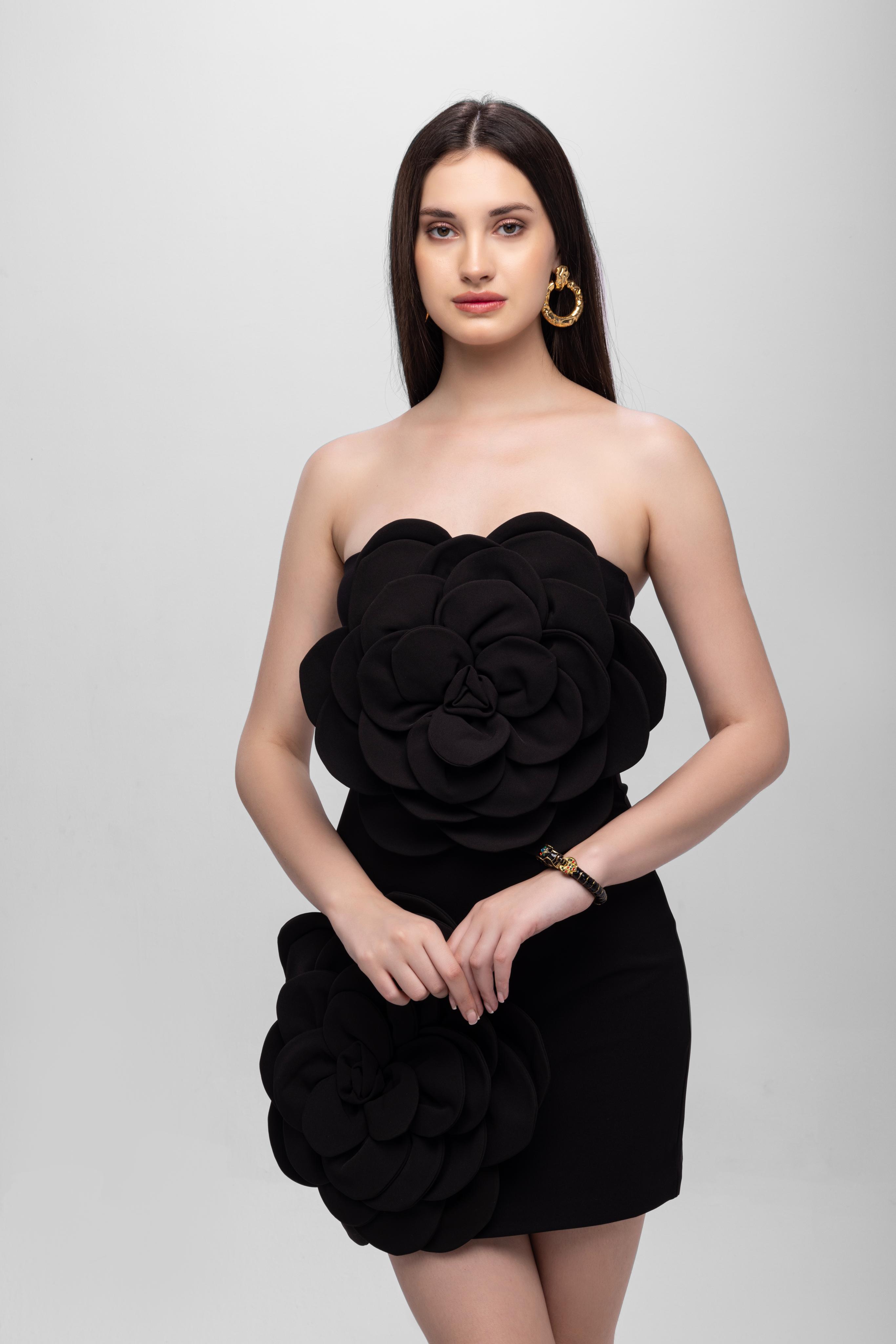 Bandage flower off shoulder mini dress Back