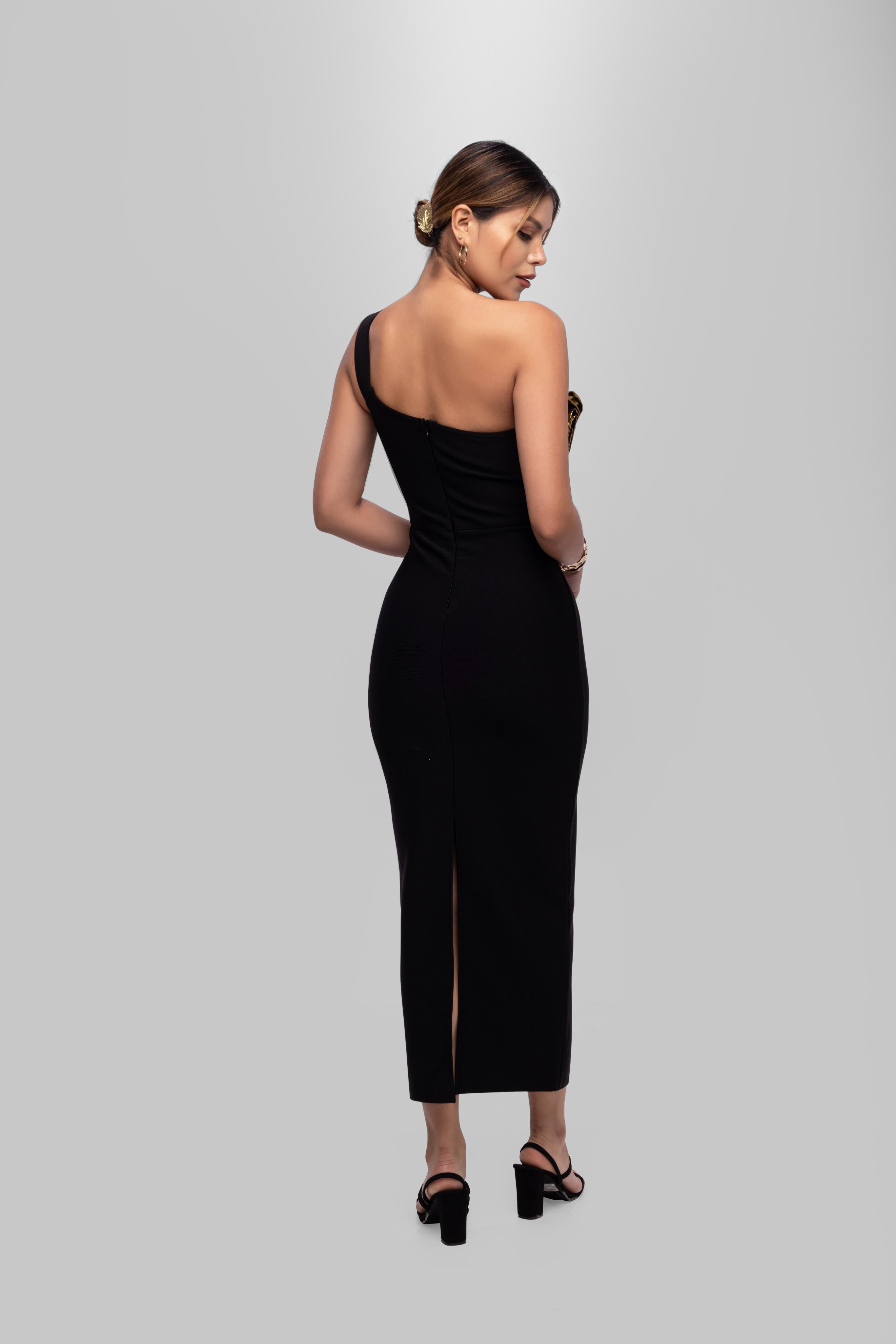 Solid Bandage flower midi dress Black