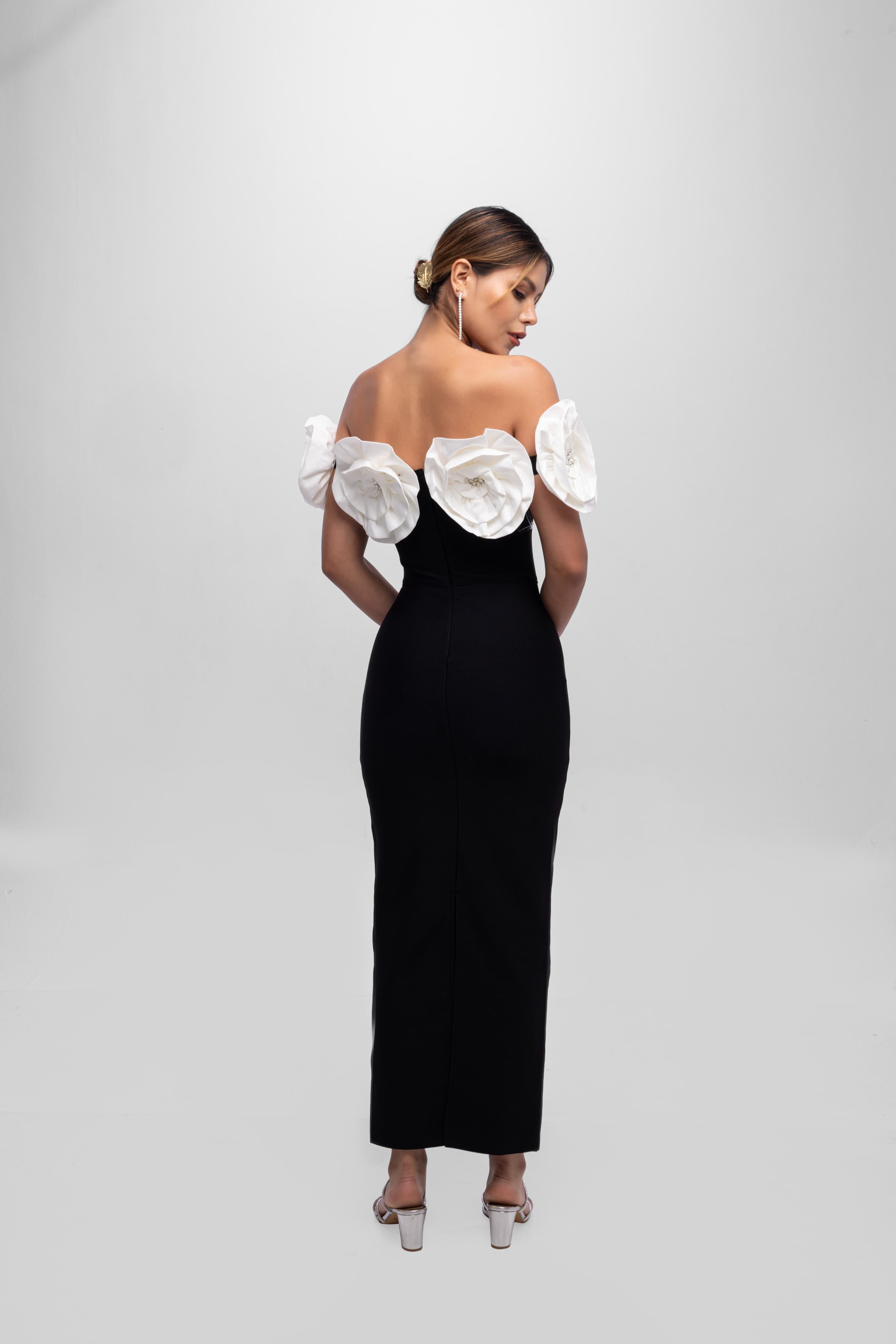 Solid Bandage flower off shoulder midi dress White
