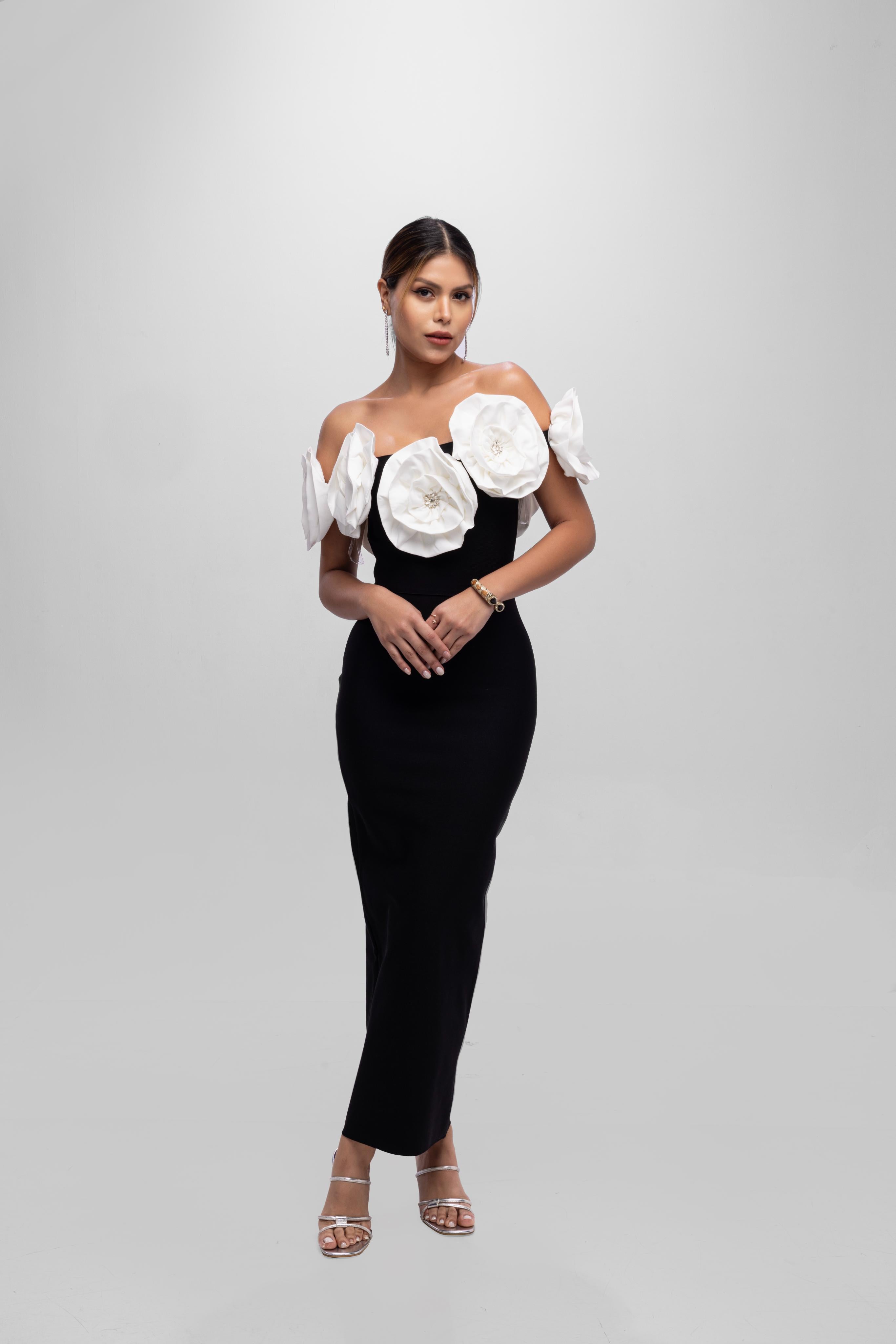 Solid Bandage flower off shoulder midi dress White