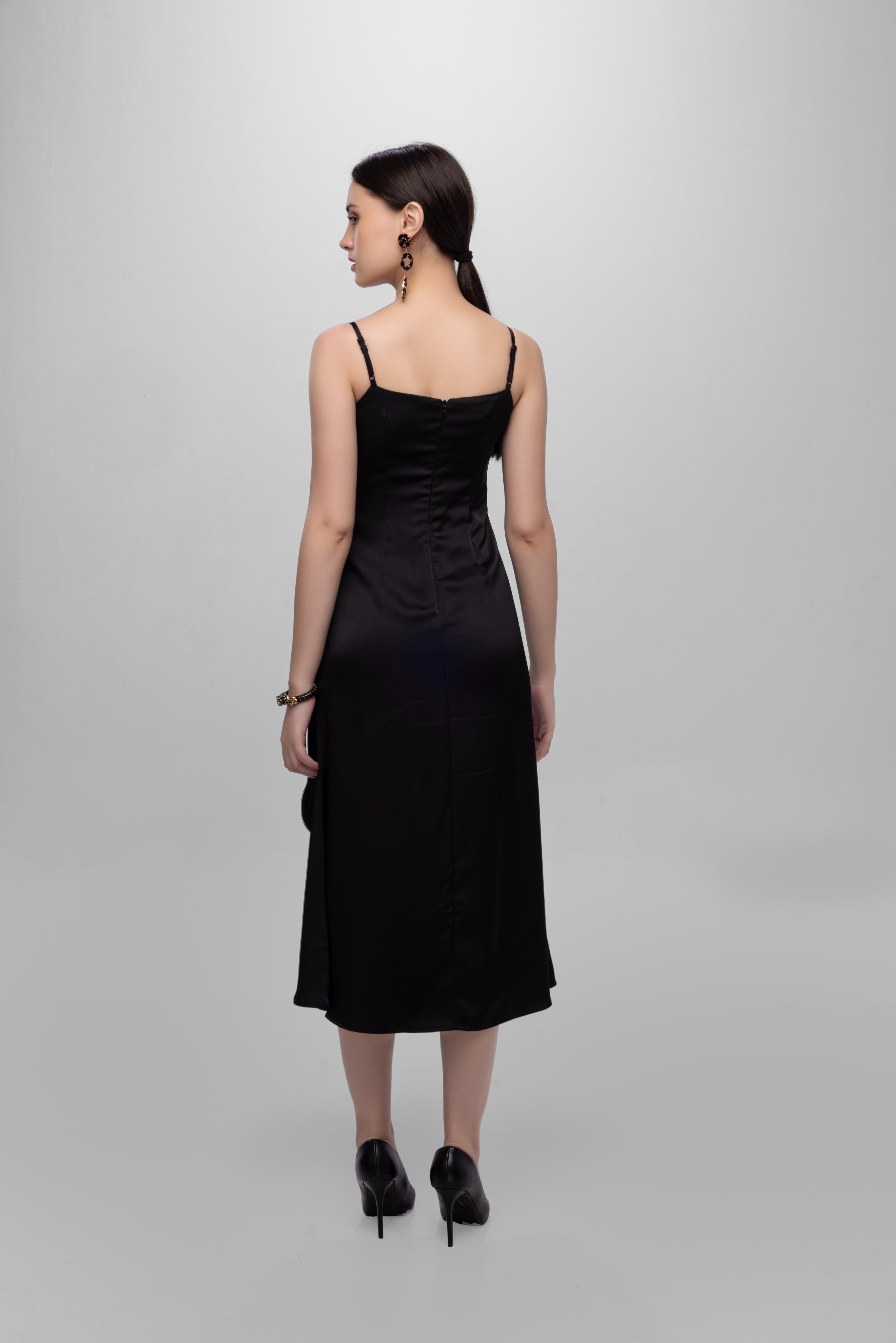 Solid Spaghetti Straps satin midi dress Black