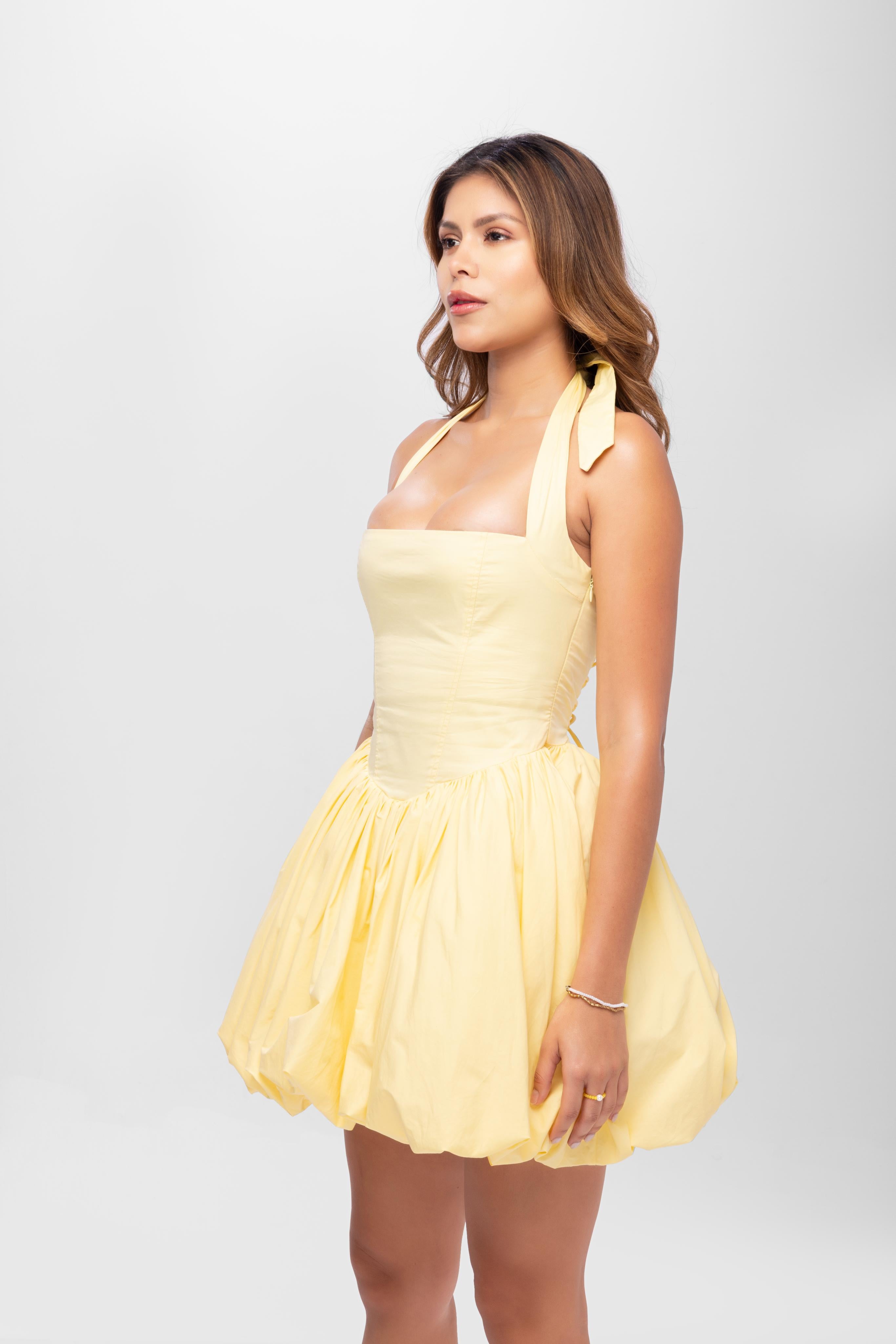 Yellow solid halter neck backless short cotton balloon dress