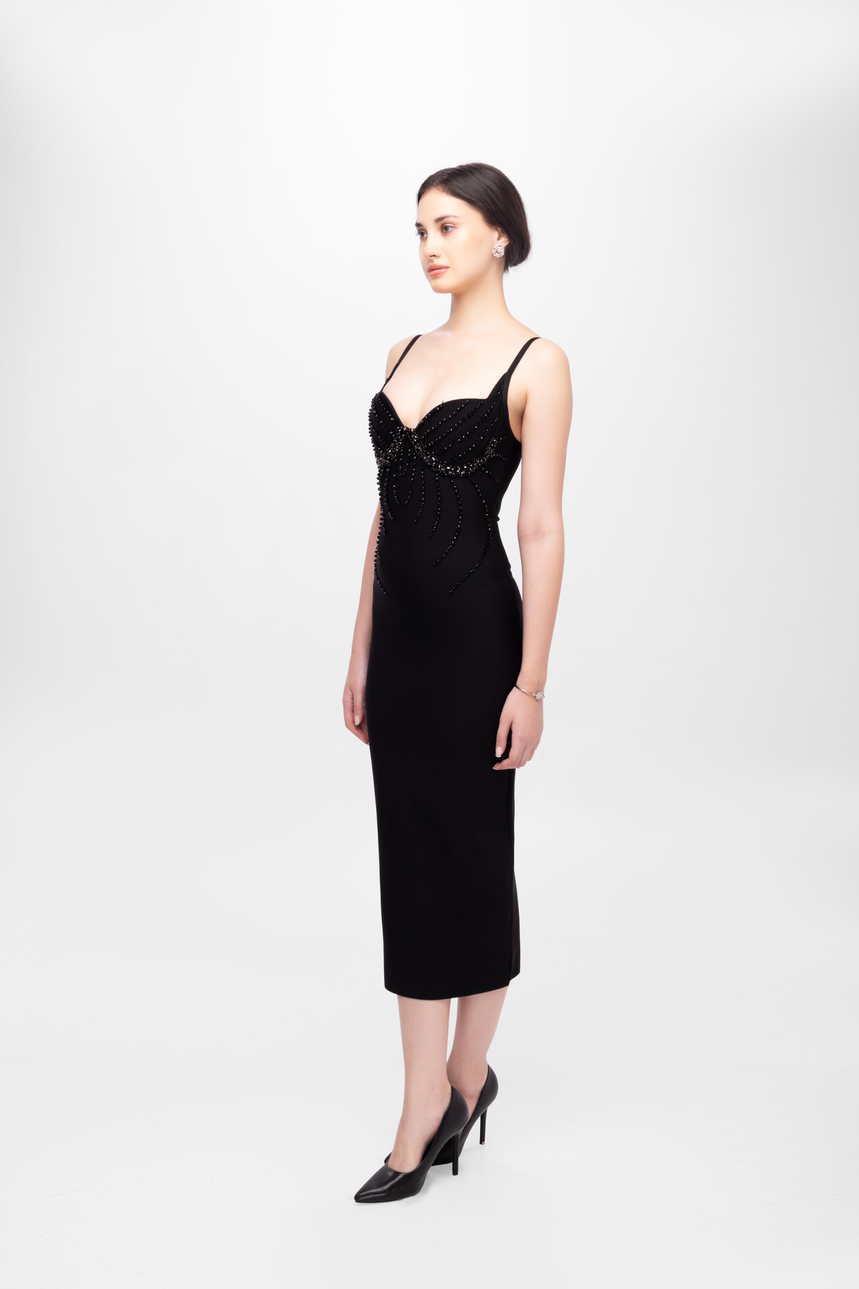 Rhinestone sleeve less midi dress Black