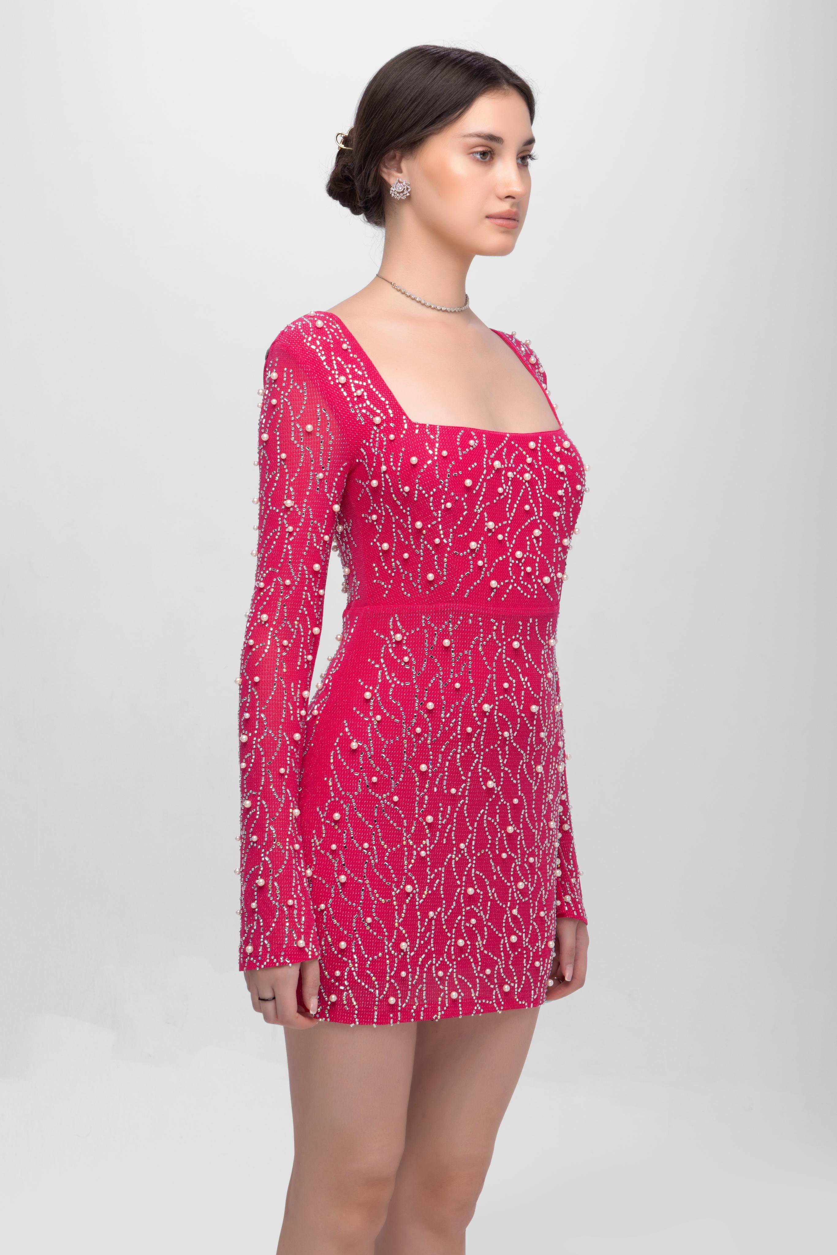 Full sleeve Embellished Mini Dress Pink