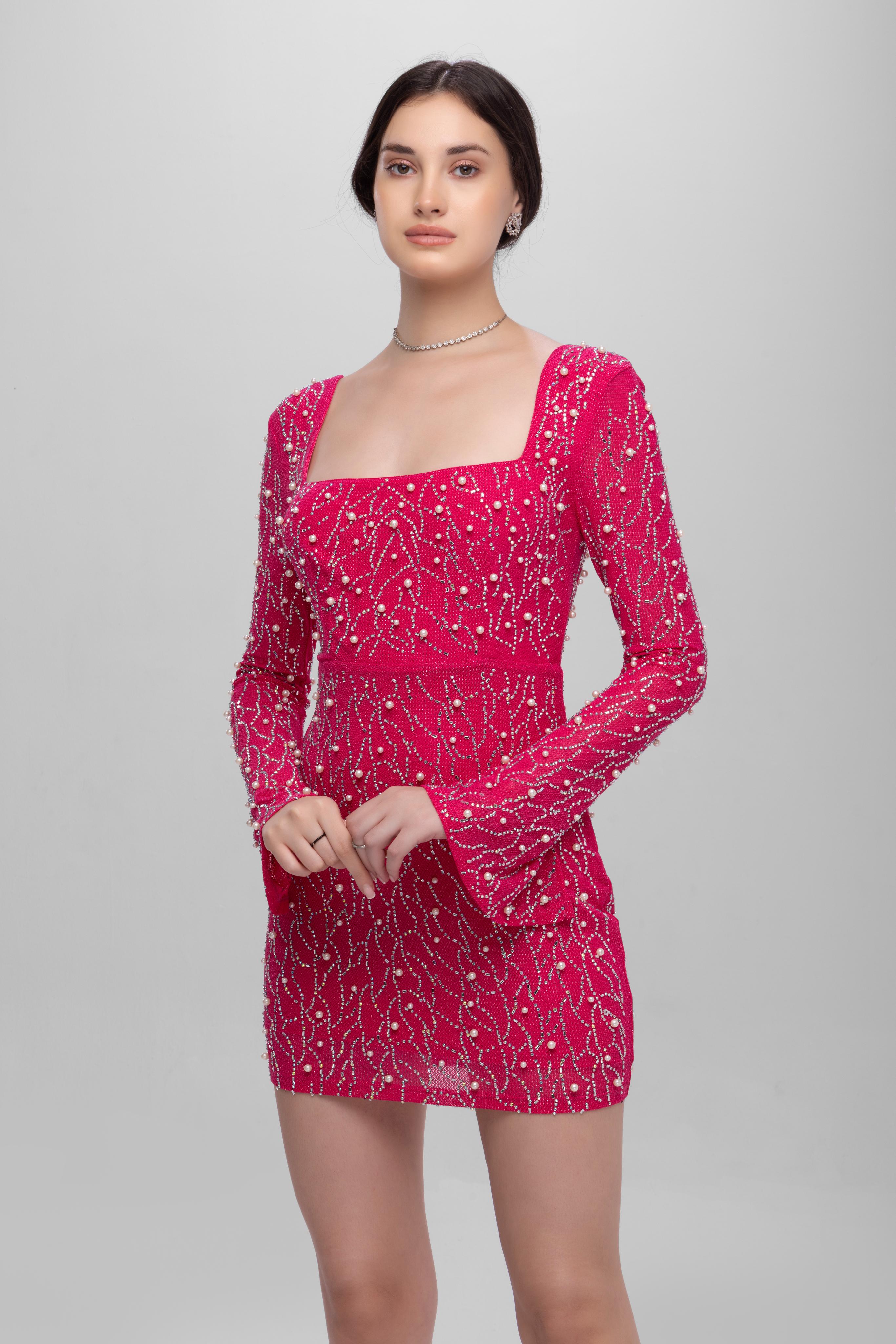 Full sleeve Embellished Mini Dress Pink