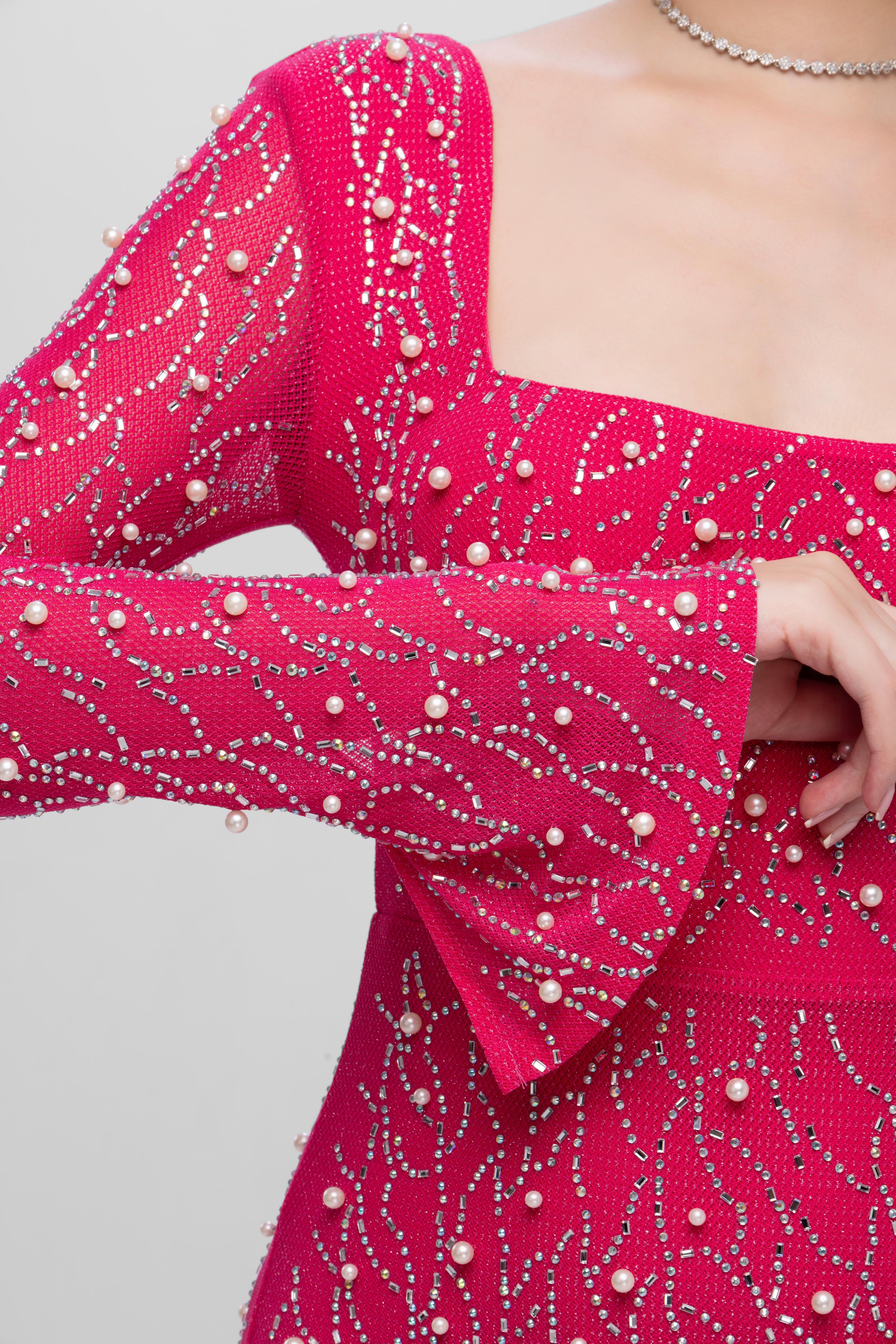Full sleeve Embellished Mini Dress Pink