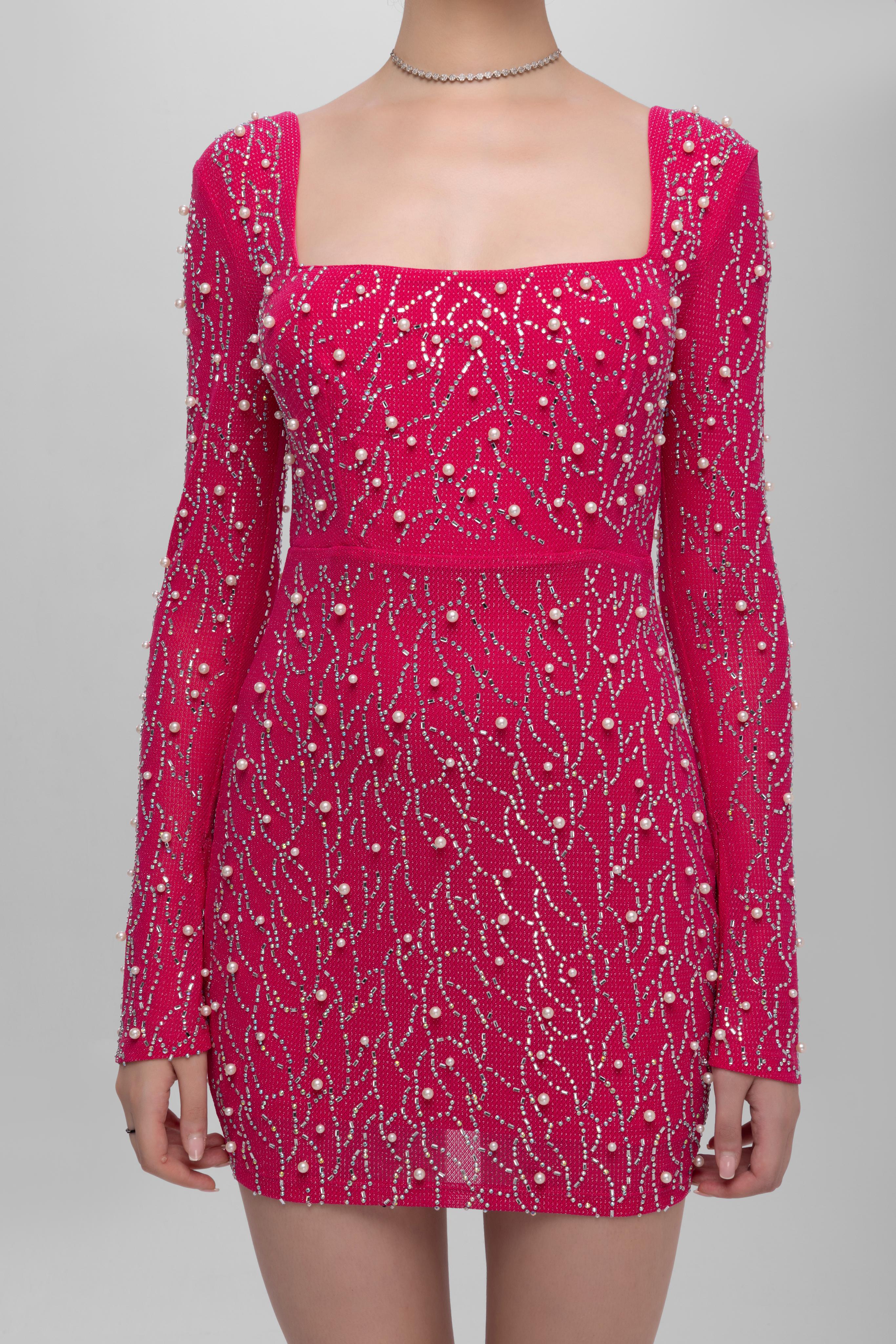 Full sleeve Embellished Mini Dress Pink