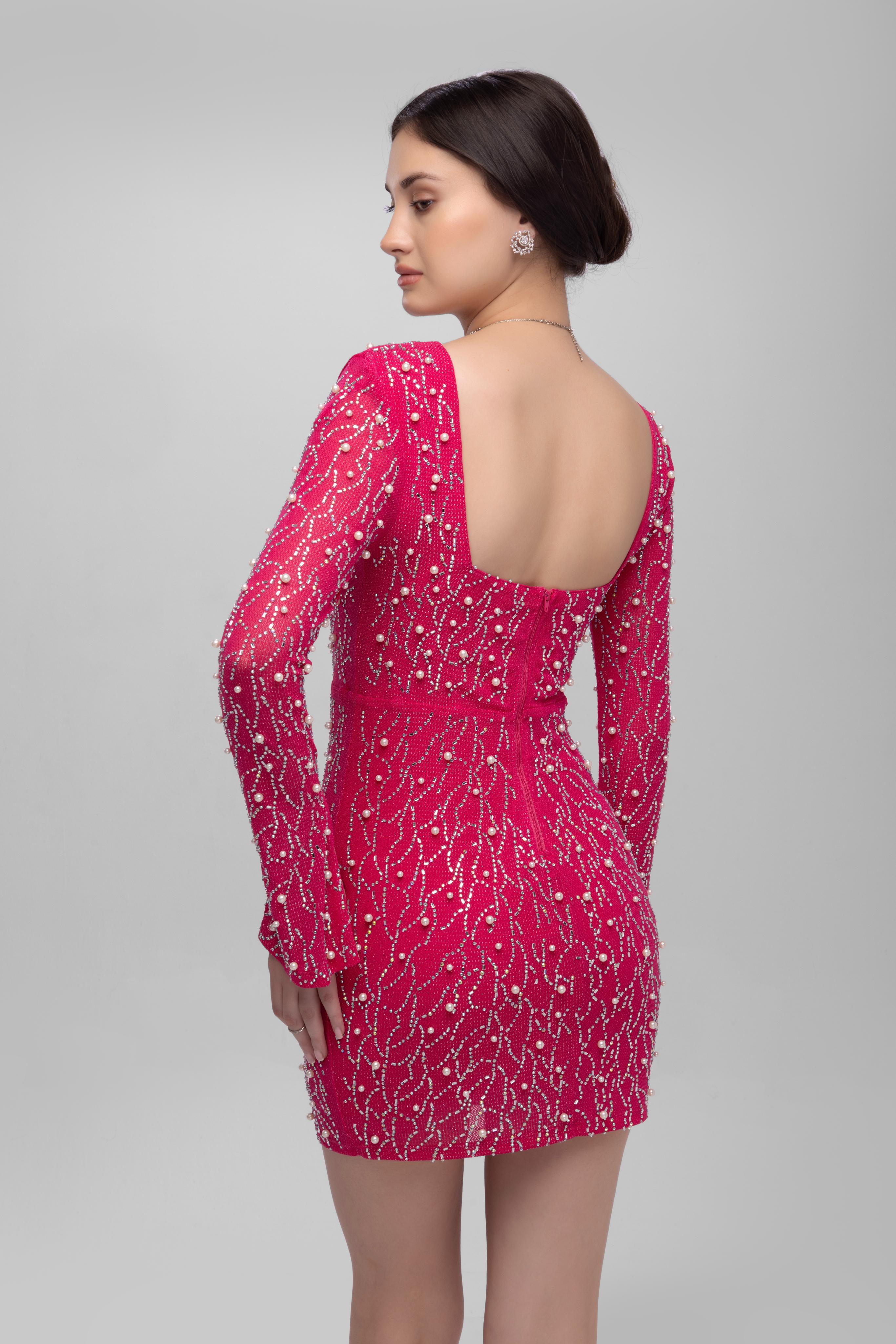 Full sleeve Embellished Mini Dress Pink