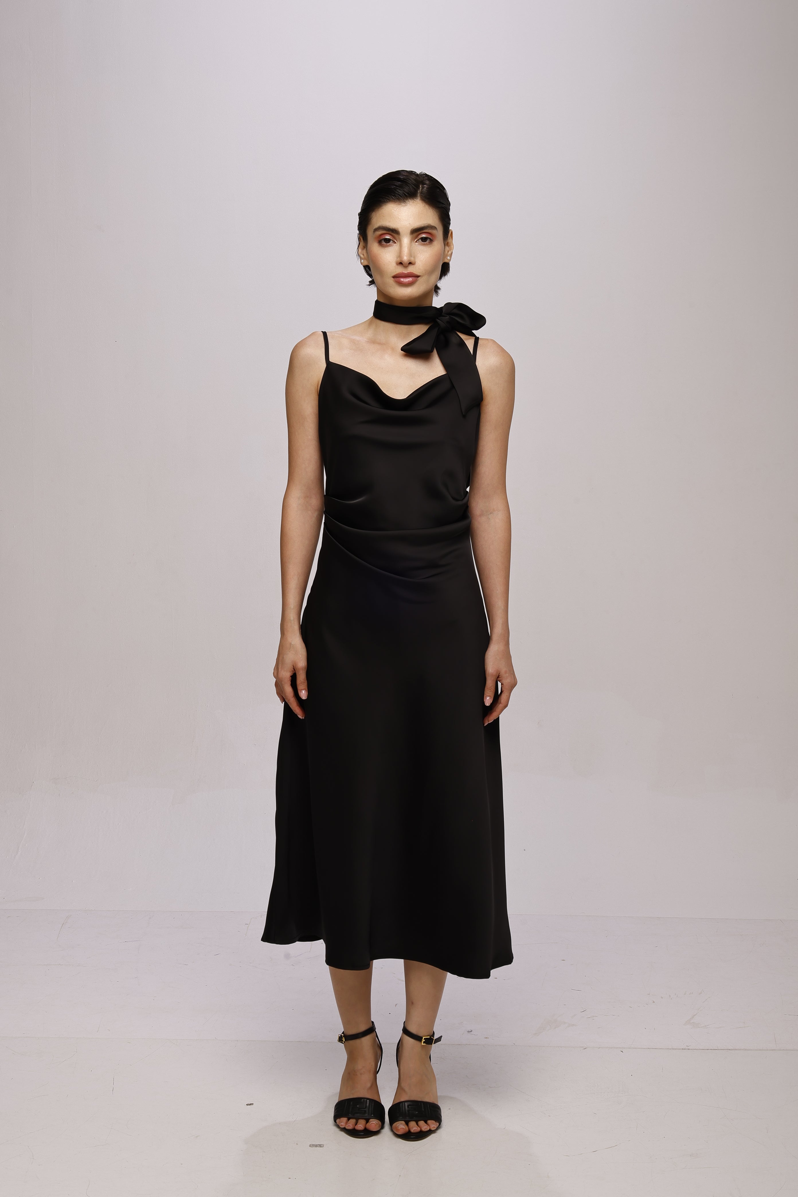 Solid Spaghetti Straps satin midi dress Black