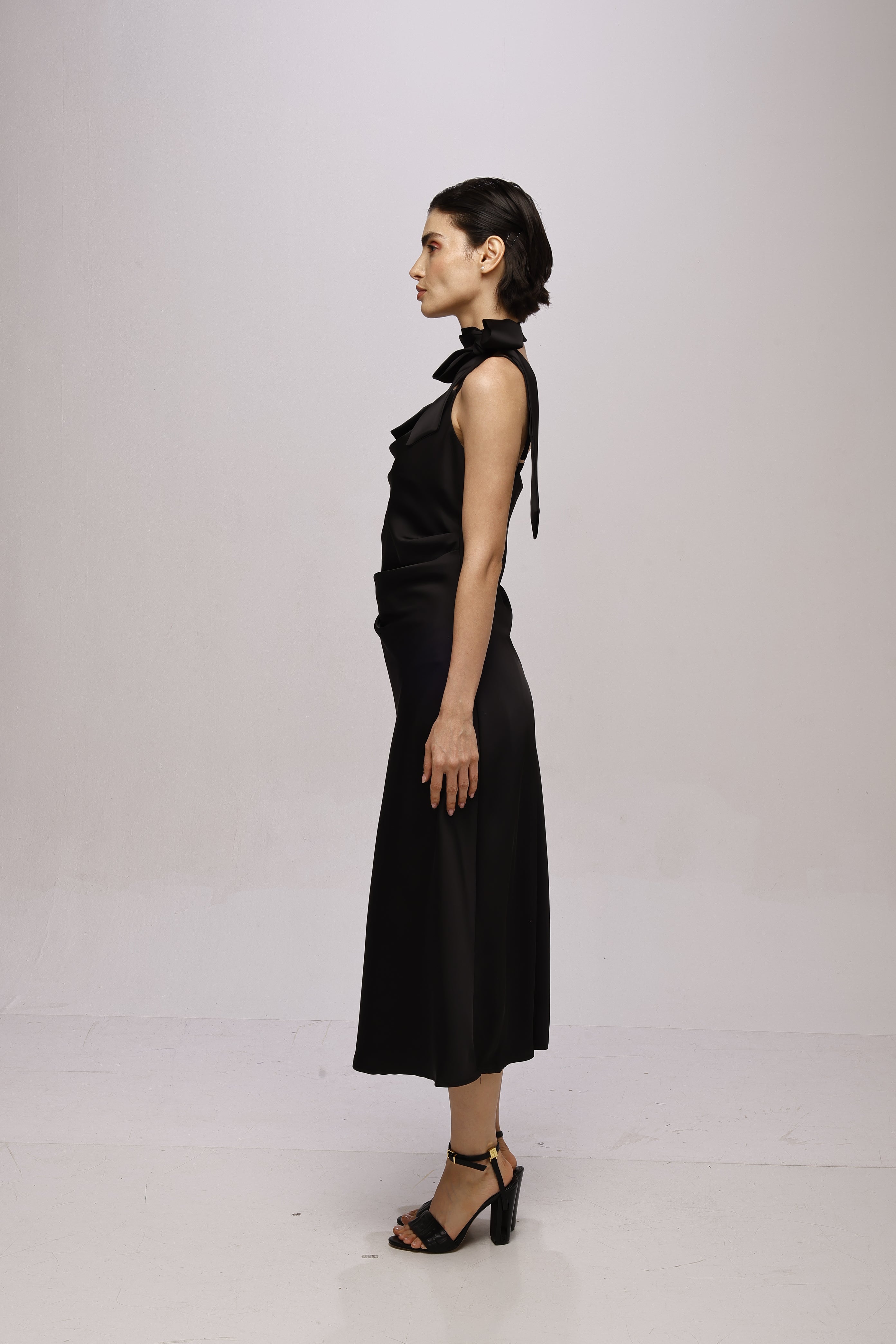 Solid Spaghetti Straps satin midi dress Black