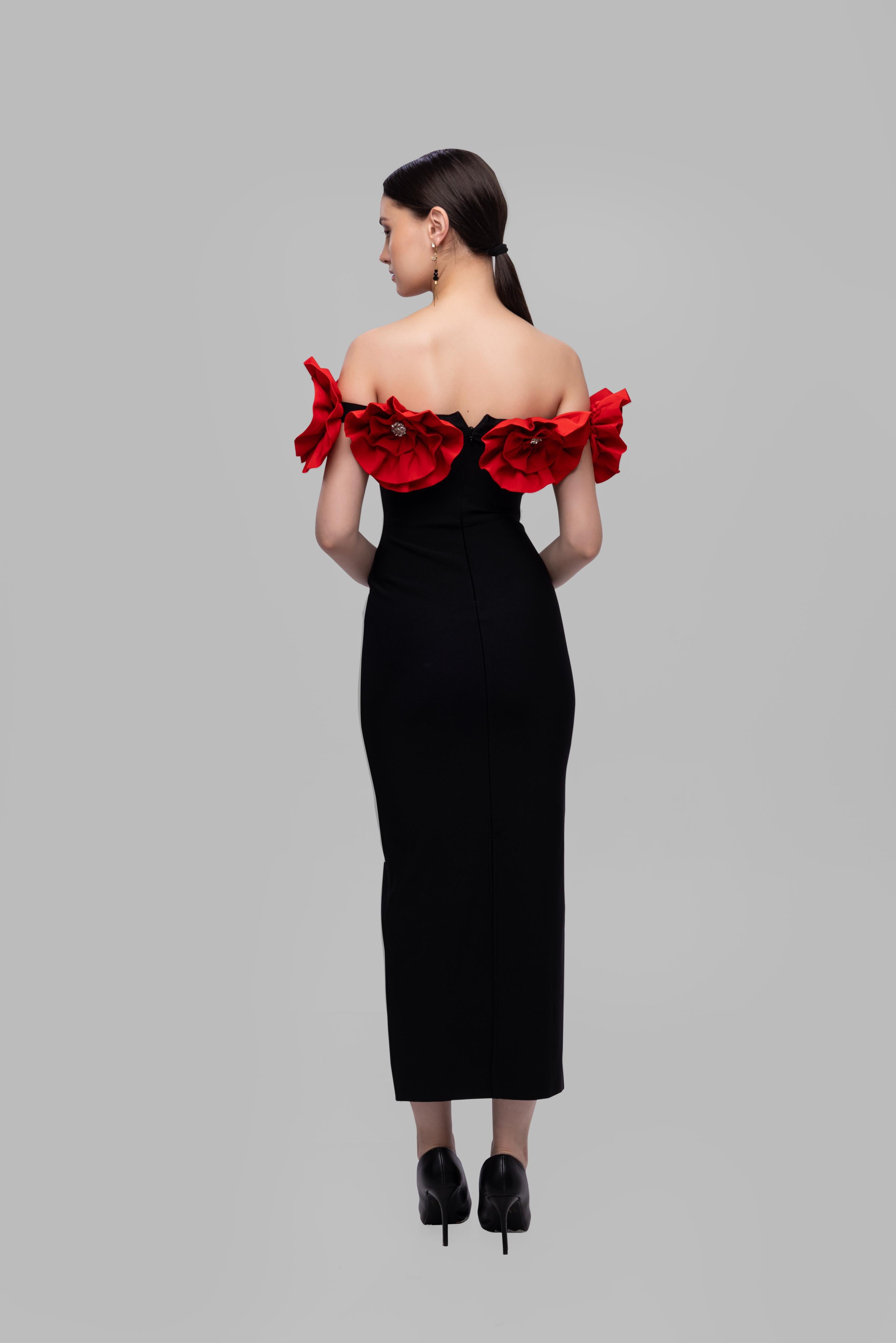 Solid Bandage flower off shoulder midi dress Red
