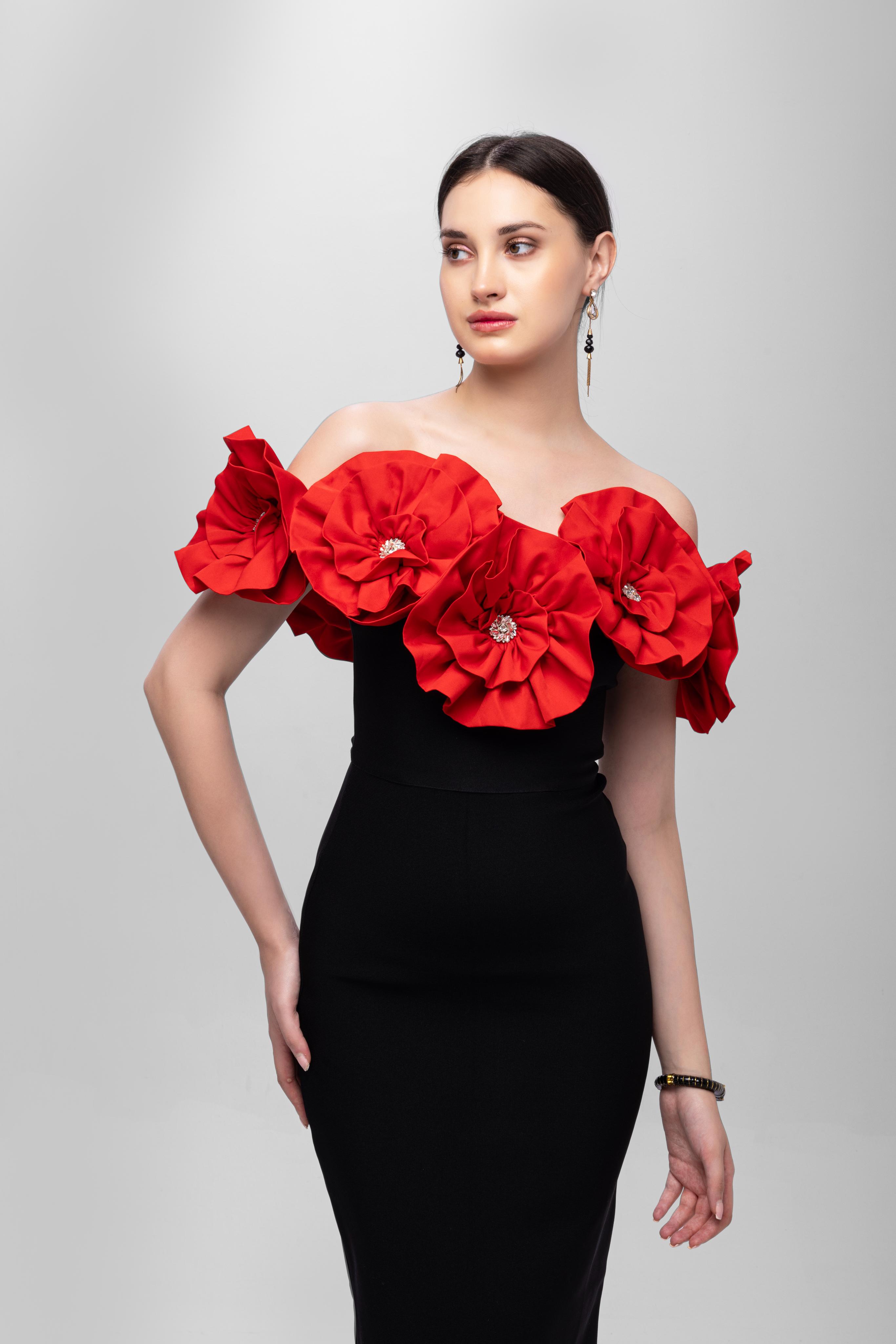 Solid Bandage flower off shoulder midi dress Red