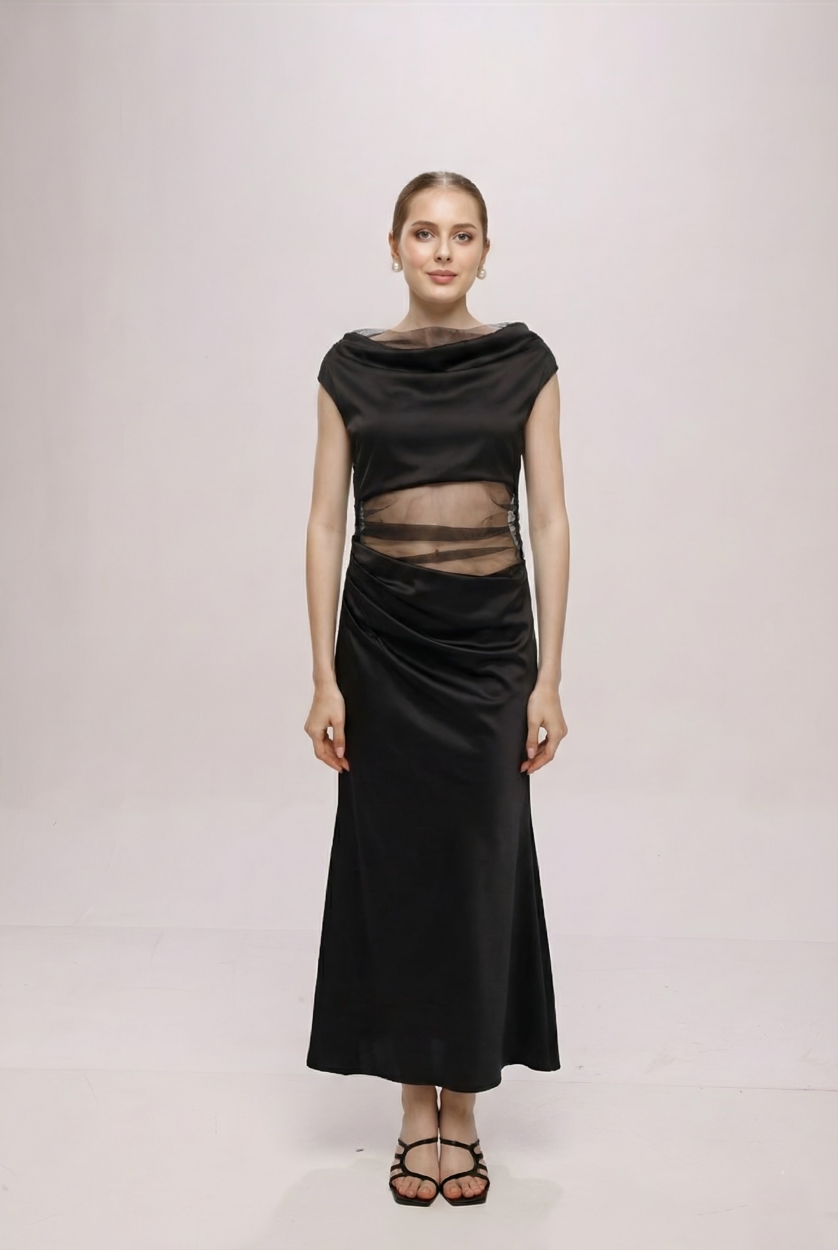 Solid Mesh one shoulder midi dress Black