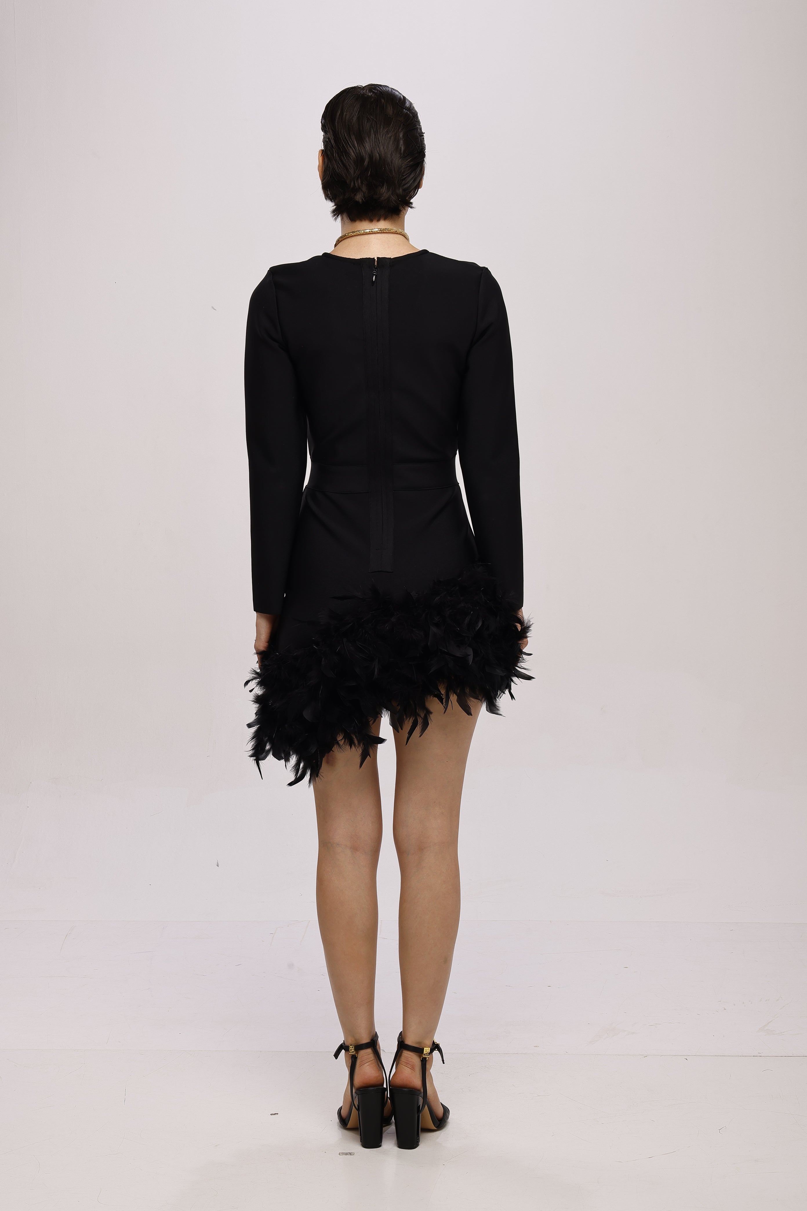 Black solid short V neck full sleeve bandage feather dress