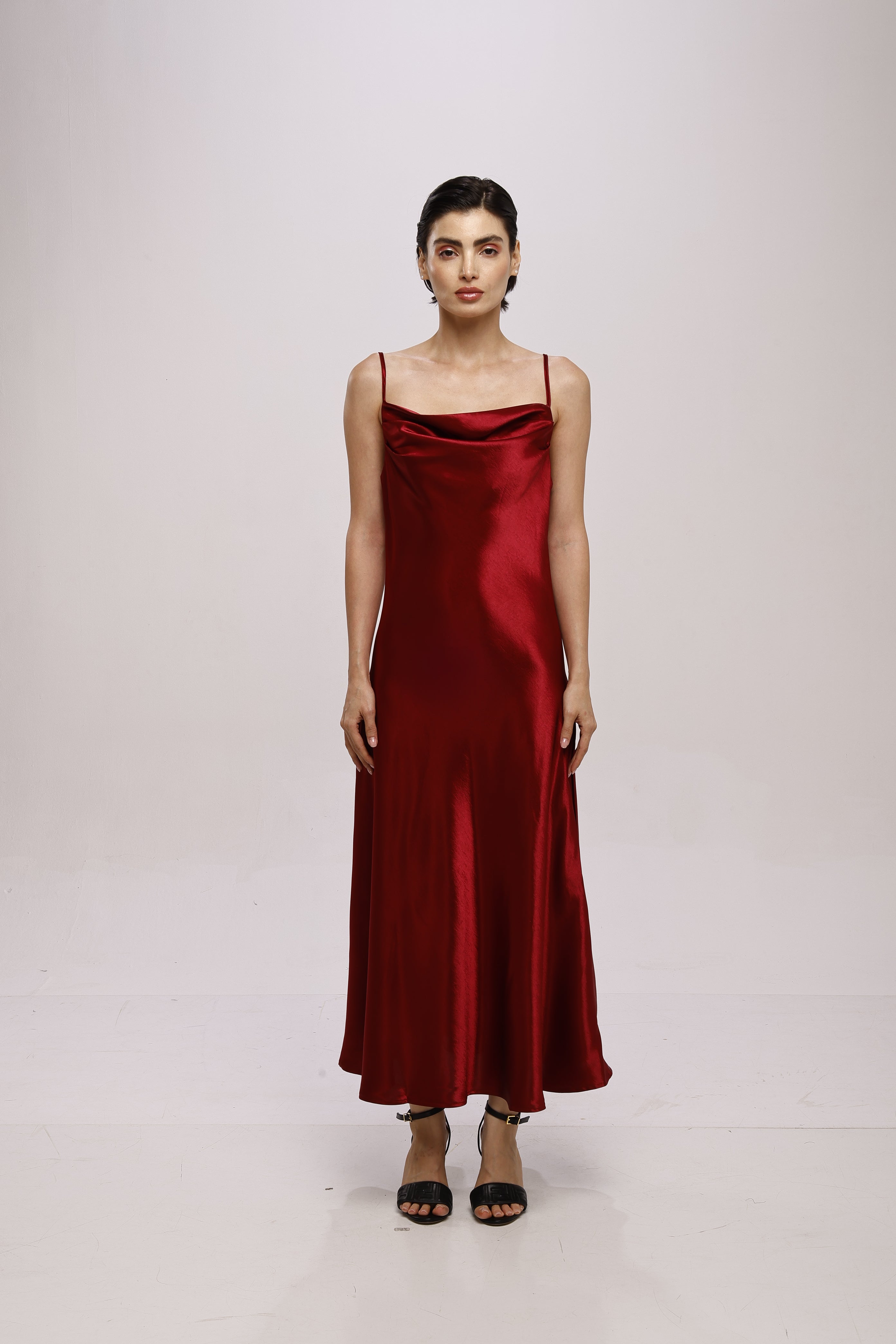 Solid Spaghetti Straps satin midi dress Red