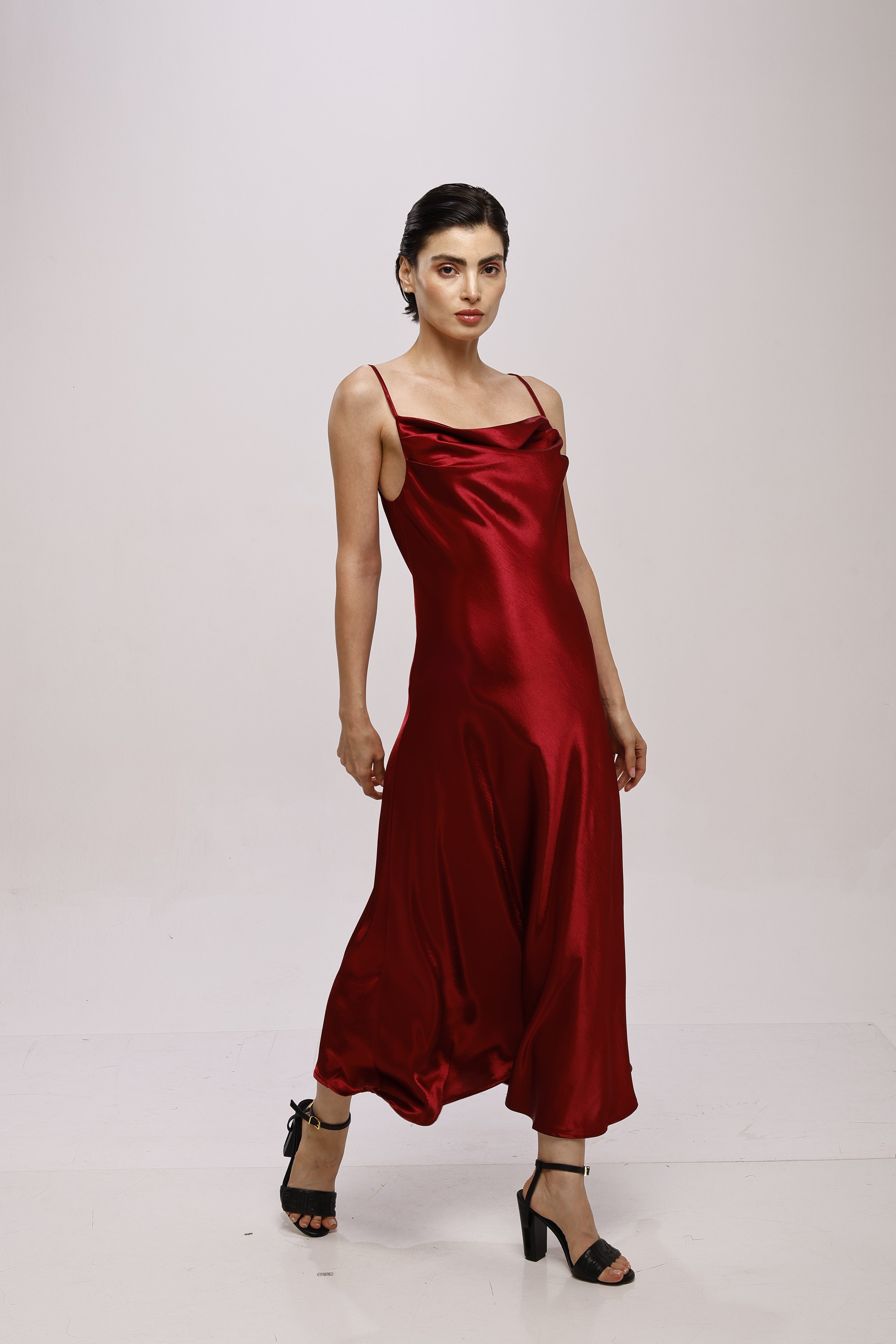 Solid Spaghetti Straps satin midi dress Red