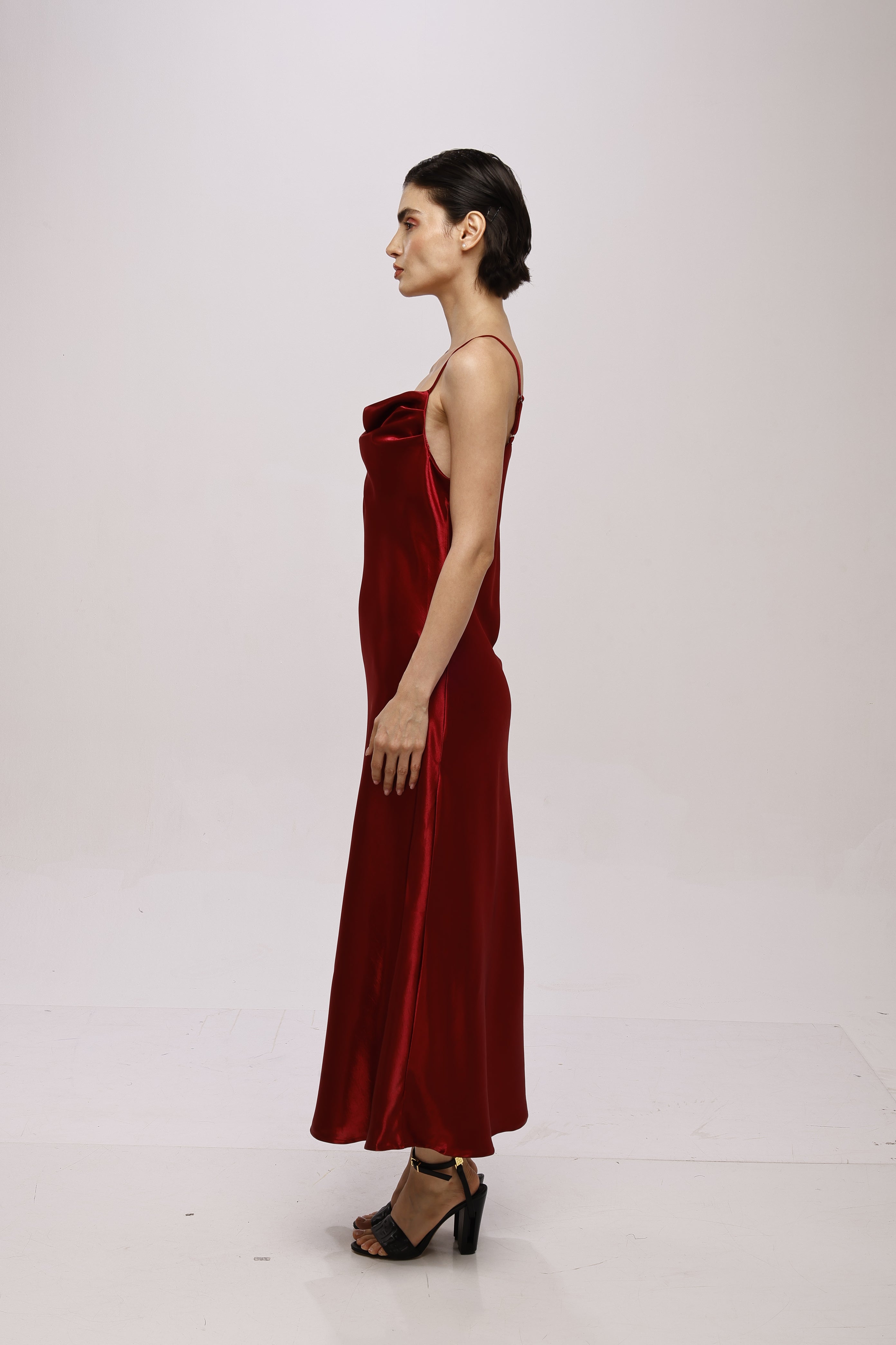 Solid Spaghetti Straps satin midi dress Red