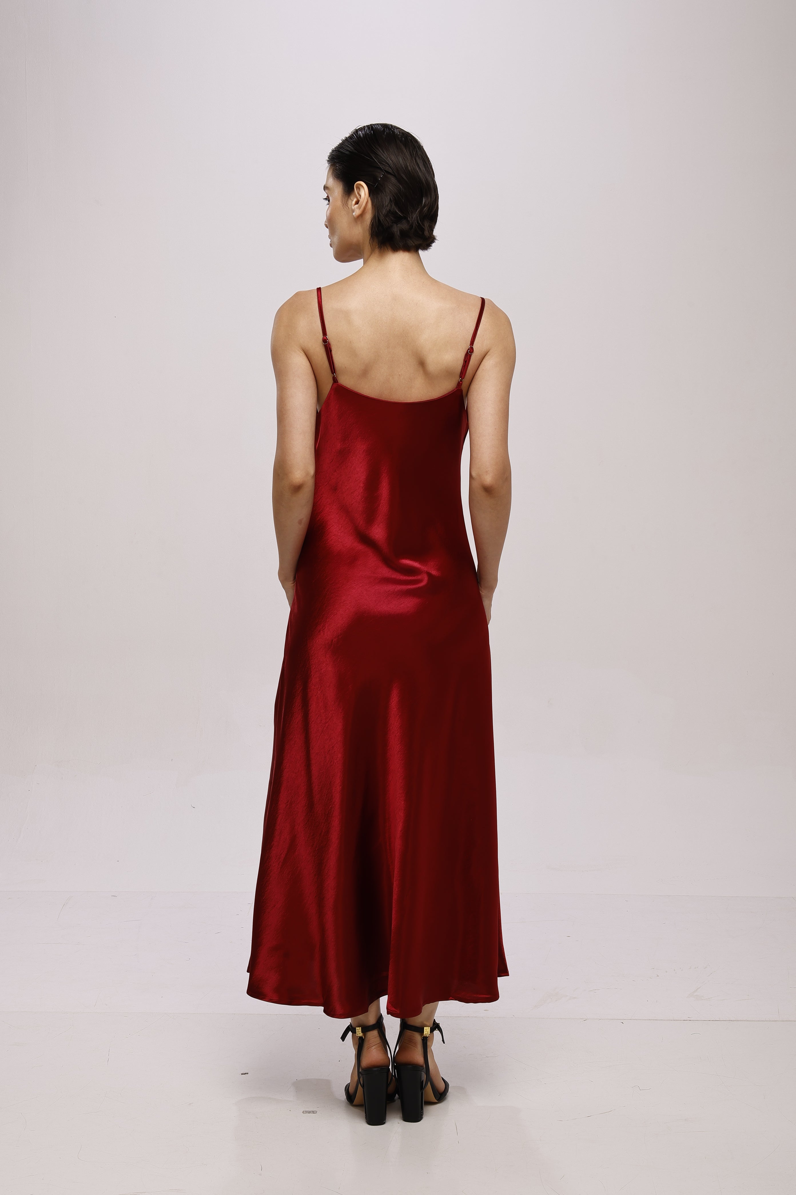 Solid Spaghetti Straps satin midi dress Red