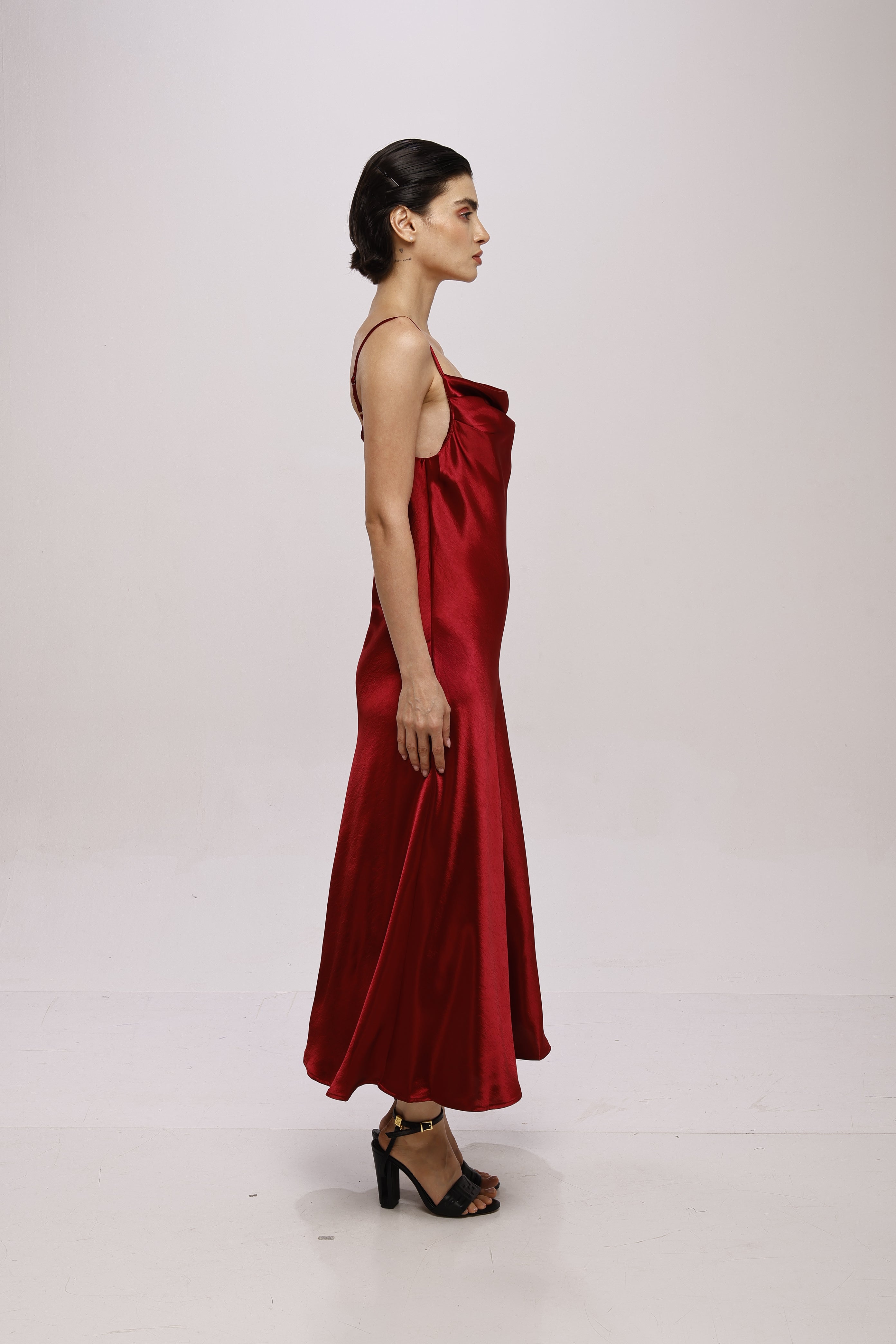 Solid Spaghetti Straps satin midi dress Red
