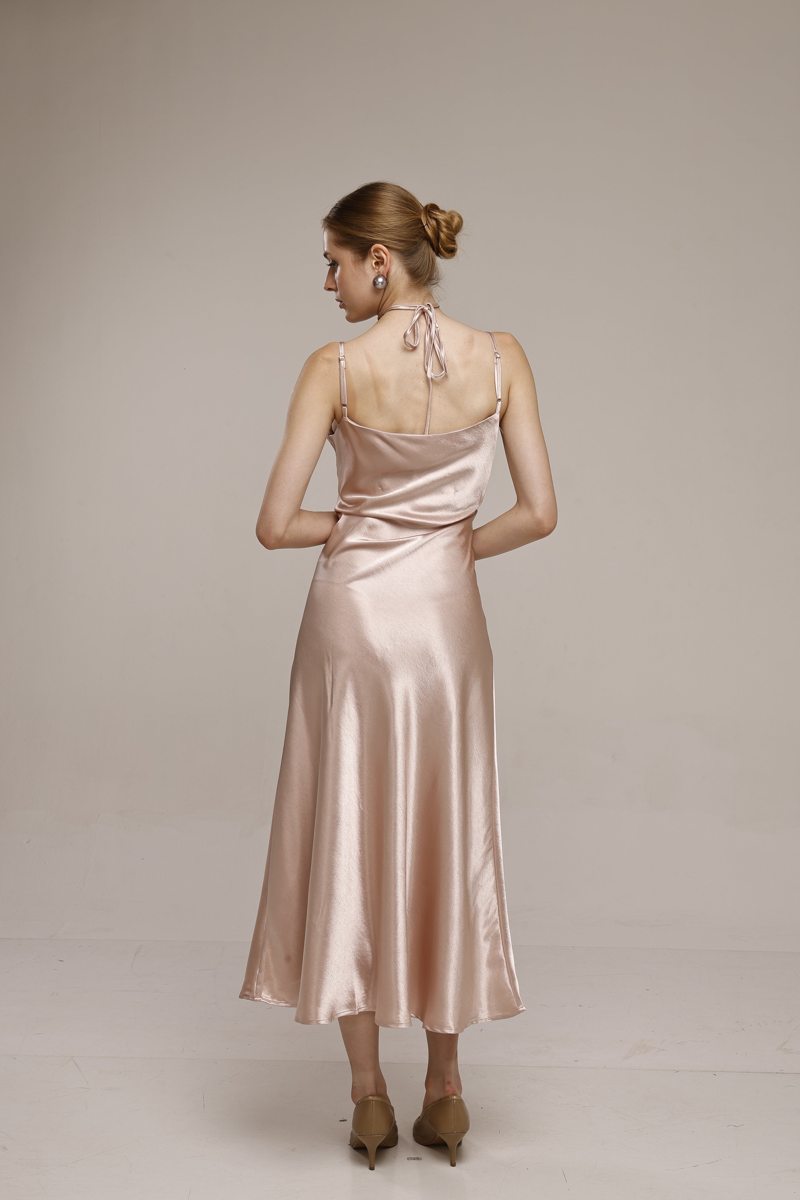Solid Spaghetti Straps satin midi dress Pink
